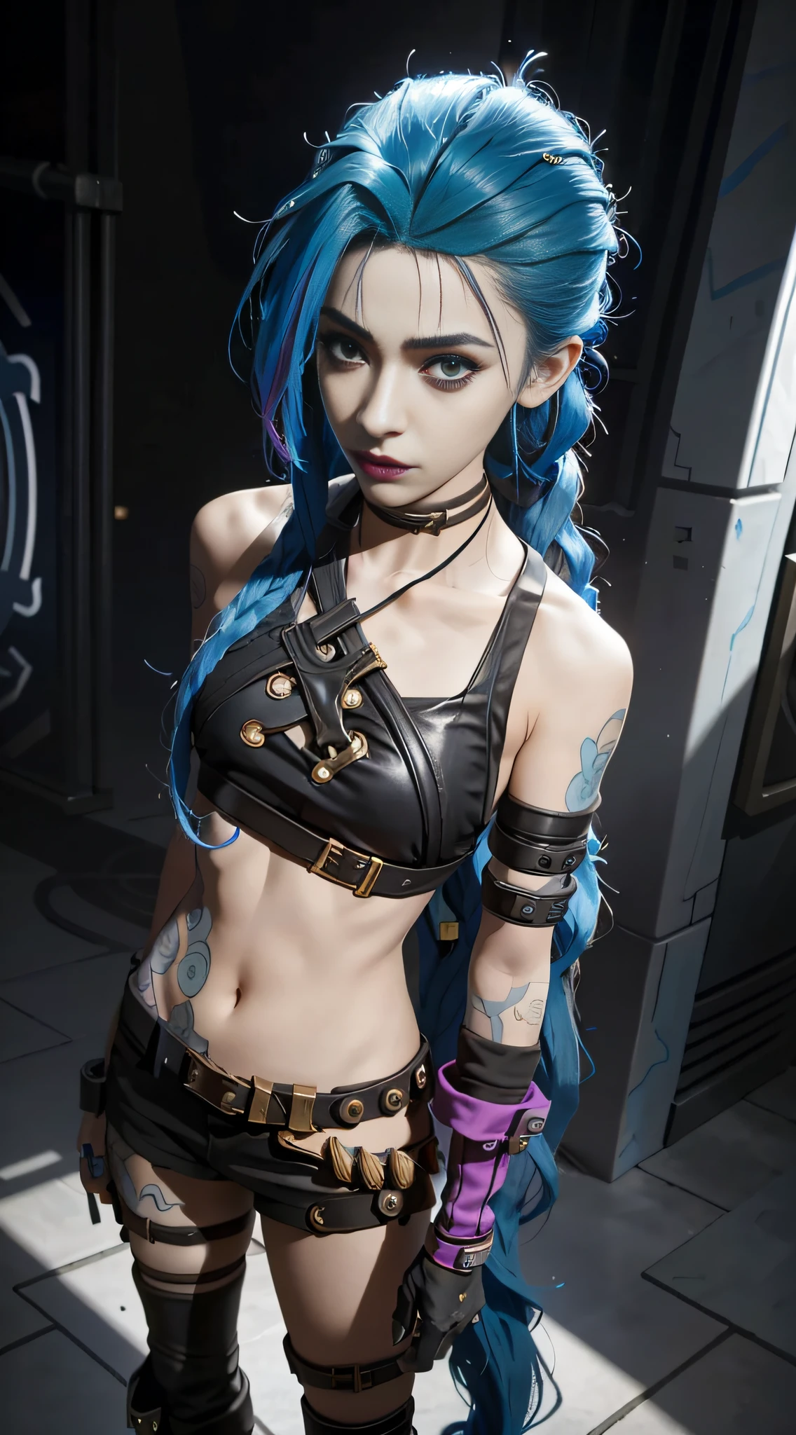 there is a woman with blue hair and a black top, portrait of jinx from arcane, jinx from arcane, jinx from league of legends, rococo cyberpunk, Cyberpunk Style ， Hyperrealistic, loba andrade from apex legends, ornamental gothic - cyberpunk, Hyper-realistic cyberpunk style, portrait of lady mechanika, alice in wonderland cyberpunk, Vivid steampunk concept，grexaggerated movements，Arrogant，rebelliousness，Full body photo，fisheyelens，self-shot，Madness