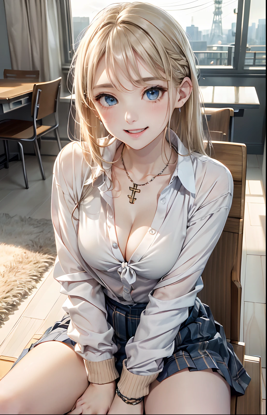 absurderes, ultra-detailliert,bright colour,(in 8K:1.3),masuter piece,extremely beautiful detailed face and eyes, 25 years old,(School Uniforms:1.2), (gals:1.2), (White shirt:1.3), (Tie a beige cardigan around the waist:1.3), ((cleavage, Unbuttoned):1.2), (plaid pleated skirt:1.2), (Necklace,Colorful bracelets,(Loose Socks:1.2),double peace,X-Hair,Aurora、city light、constellation、Crescent,intergalactic,lamp post, Particles of light, long-sleeve, milkyway, natta, nigh sky, outside of house, planetes, Power lines, shooting stars,  Skysky, Skyscraper, 独奏、Stargazing,Star_\(skyporn\)、starrysky、Winters、(Smooth straight blonde hair:1.3), (Shiny hair:1.2), Delicate beautiful face, red blush、Deep Blue Eyes, (Happy smiling face:1.2),Small necklace,(Sit on a chair and cross your legs)