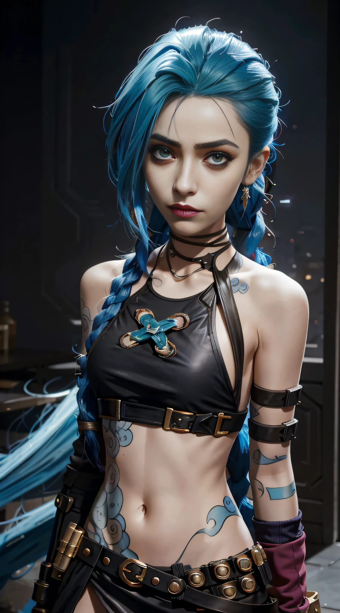 there is a woman with blue hair and a black top, portrait of jinx from arcane, jinx from arcane, jinx from league of legends, rococo cyberpunk, Cyberpunk Style ， Hyperrealistic, loba andrade from apex legends, ornamental gothic - cyberpunk, Hyper-realistic cyberpunk style, portrait of lady mechanika, alice in wonderland cyberpunk, Vivid steampunk concept，grexaggerated movements，Arrogant，rebelliousness，Full body photo，fisheyelens，self-shot，Madness