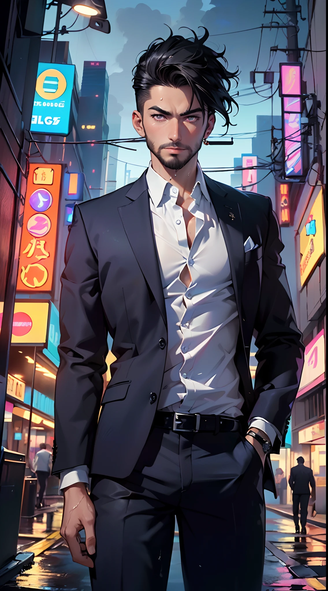 man:1.5,1 man,businessman man,(((1man))),((man with black short hair)),
(((1male,man:1.5,handsome man,male,male gender:1.5,male focus))),macho man,hero,
((messy hair,black short haircut,detailed black hair,highly detailed hair,black hair,colored inner hair)),(((lustrous skin:1.5,tanned skin,bright skin: 1.5,skin tanned,shiny skin,very shiny skin,shiny body,illuminated skin))),(((purple_eyes:1.2))),intricate eyes,beautiful detailed eyes,symmetrical eyes,((man chest)),handsome face,((muscular)),male jaw,((very short beard)),(((detailed face))),
manly,nsfw,
cyberpunk businessman, ((Business suit:1.5)), futuristic businessman,((bulge in pants)),((bold color suit:1.2)),((wet clothes,intricate outfit,intricate clothes,intricate suit)),
(dynamic pose:1.0),solo focus,((smug)),(centered,scale to fit dimensions,Rule of thirds),
cyberpunk city by the ocean at night, with bright neon signs and dark stormy clouds and puddles, scenery:1.25,
highres, sharp focus, (ultra detailed, extremely detailed), (photorealistic artwork:1.37),(extremely detailed CG unity 8k wallpaper),((synthwave background theme)),(((vibrant colors))),(intricate background),(masterpiece),(best quality),