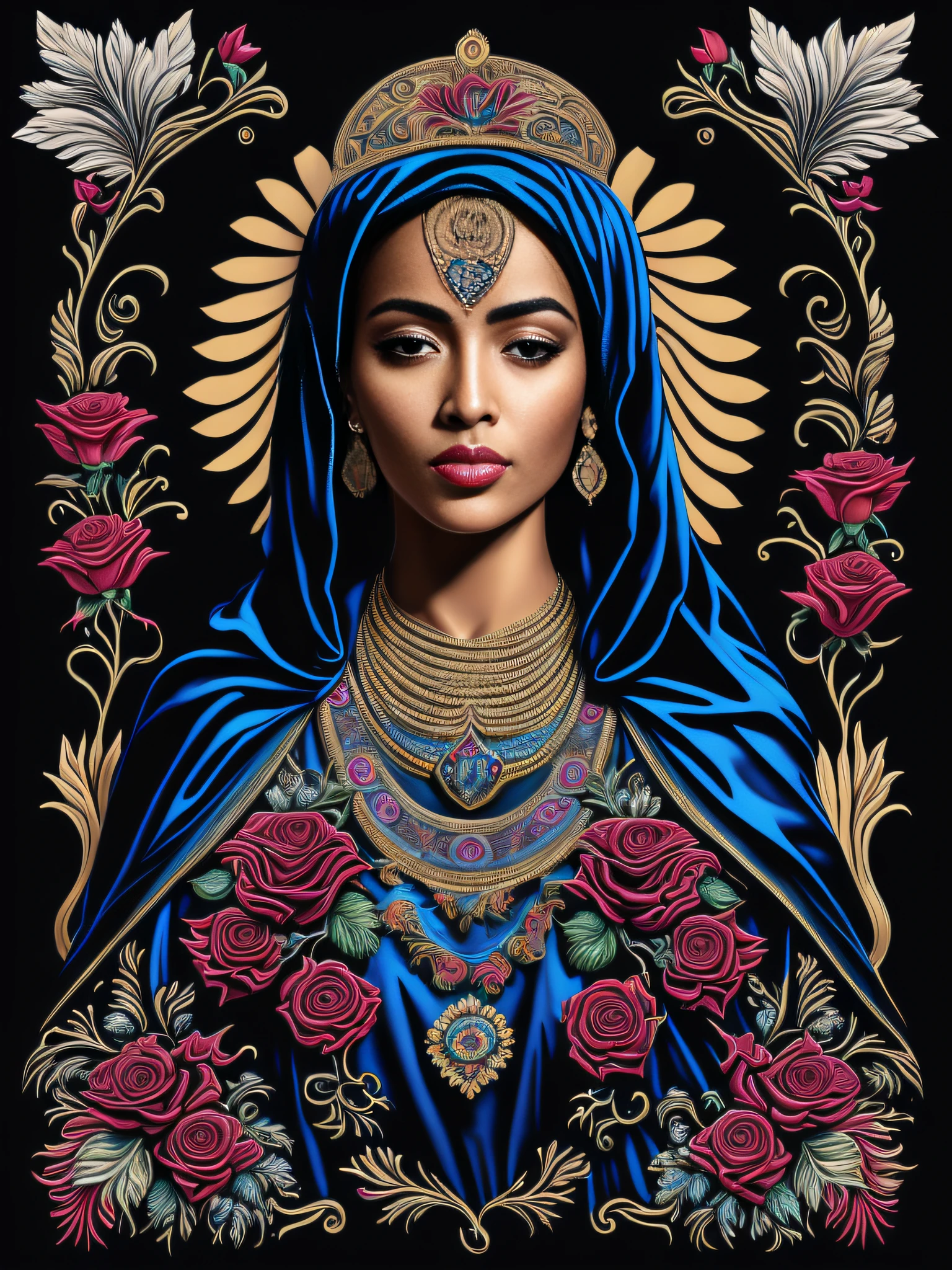 (Black background,Empty background),(Chicano Airbrush Art),(masutepiece, Best Quality, Ultra-detailed),Ultra-detailed,8K分辨率,(Head to Toe Image),((Our Lady posing with prayer hands wearing a dark blue cloak)),(ultra detailed beautiful face),Acanthus Scrolls,vine,Decorative ornament,Classic floral elements, ((vivd colour)),((Colorful colors)), ((Mexican decoration)),Symmetrical,large roses symmetrically arranged on both sides,,,(religious symbolism),(silkscreen t-shirt art),(Detailed additions),(Iconography),High contrast、T-shirt design