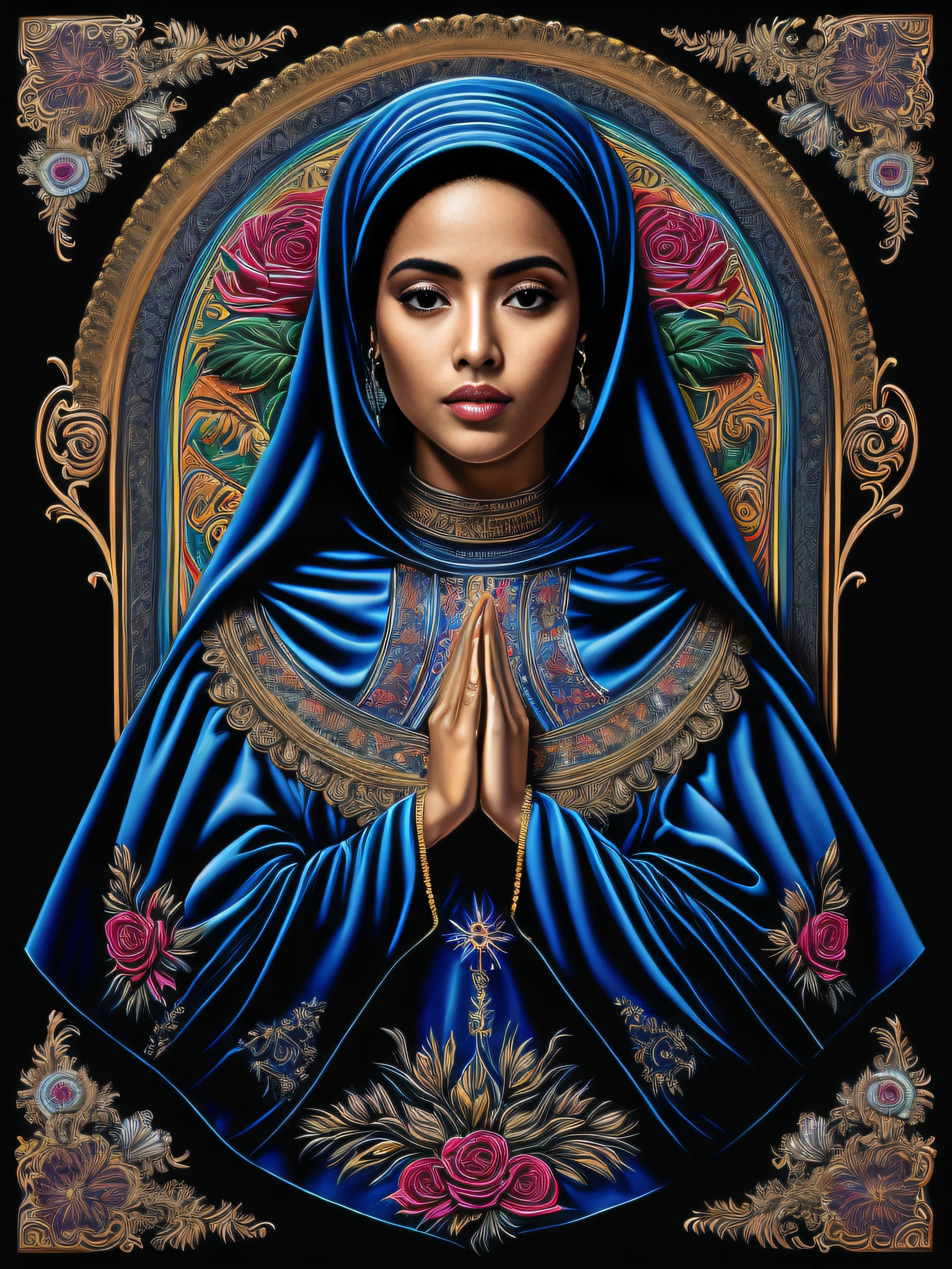 (Black background,Empty background),(Chicano Airbrush Art),(masutepiece, Best Quality, Ultra-detailed),Ultra-detailed,8K分辨率,(Head to Toe Image),((Our Lady posing with prayer hands wearing a dark blue cloak)),(ultra detailed beautiful face),Acanthus Scrolls,vine,Decorative ornament,Classic floral elements, ((vivd colour)),((Colorful colors)), ((Mexican decoration)),Symmetrical,large roses symmetrically arranged on both sides,,,(religious symbolism),(silkscreen t-shirt art),(Detailed additions),(Iconography),High contrast、T-shirt design