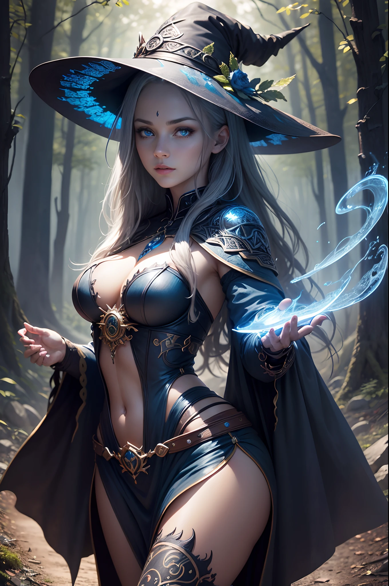 ((Best Quality)), ((masutepiece)), ((Realistic)), Celtic witch, Witch, artistic anatomic hands, Artistic anatomy, Glowing blue eyes, Female face, , Trending on ArtStation, Sharp Focus, studio photo, Intricate details, Very detailed, Detailed eyes, Illustration, Very detailed, Sharp Focus, a digital rendering, Professional, 8K Beautiful expression 超A high resolution real looking skin Colorful effects of magic circles behind,in woods,Super beauty(Jaws like the real thing)