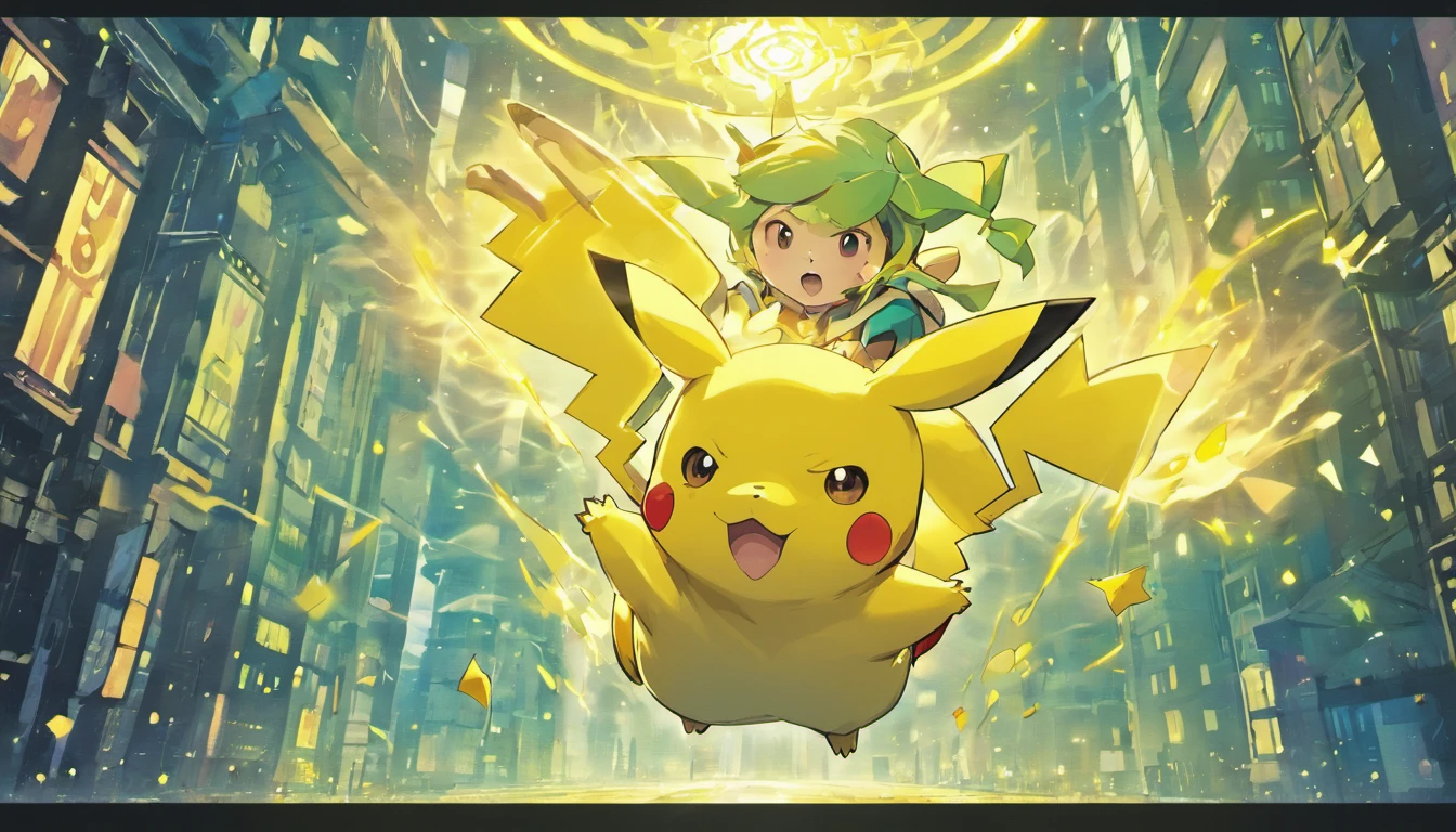 Pokémon Pikachu is flying through the air in a city, Pikachu, Pikachu surpreendido, Pikachu em uma floresta, Arte conceitual de Pikachu, Pikachu cyberpunk, Um Pikachu em uma floresta, pikachu on acid, Pikachu como um humano, Pikachu vida real, Pokémon illustration, Pikachu como Jesus, Megaman como Pikachu, pikachu in space, Pikachu Tarot Card, Mika Pikazo, Pokémon, assustador, Classical Academy, arte a giz, massive scale, animation, profundidade de campo, etiqueta, cores do azure, abstrair, vacuum tube lighting, 8 bits