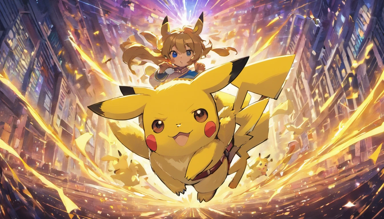 Pokémon Pikachu is flying through the air in a city, Pikachu, Pikachu surpreendido, Pikachu em uma floresta, Arte conceitual de Pikachu, Pikachu cyberpunk, Um Pikachu em uma floresta, pikachu on acid, Pikachu como um humano, Pikachu vida real, Pokémon illustration, Pikachu como Jesus, Megaman como Pikachu, pikachu in space, Pikachu Tarot Card, Mika Pikazo, Pokémon, assustador, Classical Academy, arte a giz, massive scale, animation, profundidade de campo, etiqueta, cores do azure, abstrair, vacuum tube lighting, 8 bits