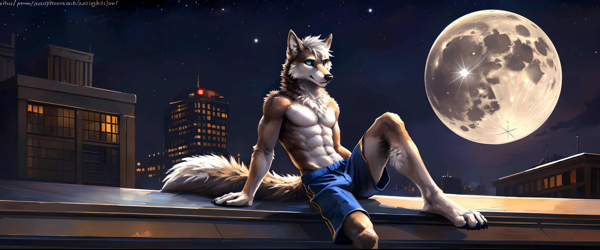 ((Solo)), male people, anthro wolf, (Multi-colored fur, White-brown:1.3, White tail pointed), ((Wolf face, White hair, Big eyes, White eyelids, Blue pupil, Slim:1.2) (Tough, Calm expression:1.2)), Abs, Slim, pinging)), (Correct body anatomy), (Work shorts:1.1), The upper body is naked, (detailed outfits),A big tail，Feet，Long legs，(Realistic fur, Detailed fur texture, labeled:1.3)), (Natural lighting), Photorealistic, Hyperrealistic, ultradetailed, by Kenket，In the modern city，Roof roof，the night，Sit alone，Look at the full moon，It was dark，Starry