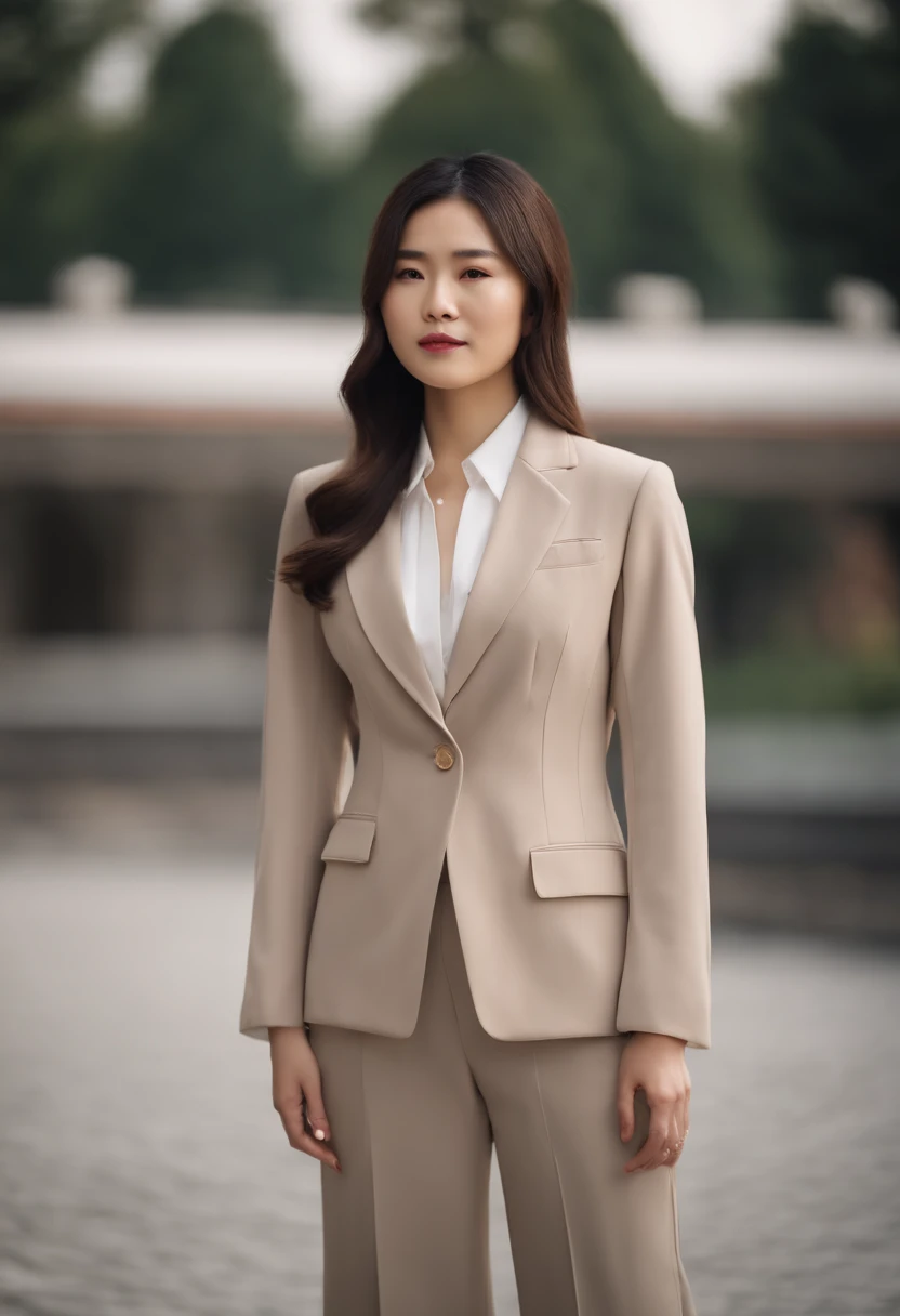 Young Chinese brunette woman in tailor suit, Light background, style of ultrafine detail, high-quality photo, 35 mm f/5.6