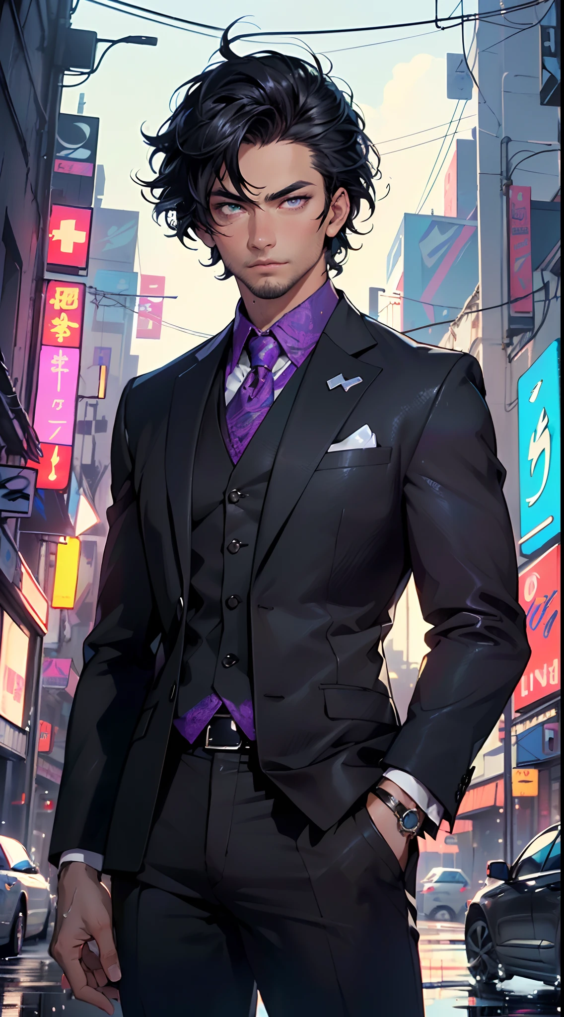 man:1.5,1 man,businessman man,(((1man))),((man with black short hair)),
(((1male,man:1.5,handsome man,male,male gender:1.5,male focus))),macho man,hero,
((messy hair,black short haircut,detailed black hair,highly detailed hair,black hair,colored inner hair)),(((lustrous skin:1.5,tanned skin,bright skin: 1.5,skin tanned,shiny skin,very shiny skin,shiny body,illuminated skin))),(((purple_eyes:1.2))),intricate eyes,beautiful detailed eyes,symmetrical eyes,((man chest)),handsome face,((muscular)),male jaw,((very short beard)),(((detailed face))),
manly,nsfw,
cyberpunk businessman, ((Business suit:1.5)), futuristic businessman,((bulge in pants)),((bold color suit:1.2)),((wet clothes,intricate outfit,intricate clothes,intricate suit)),
(dynamic pose:1.0),solo focus,((smug)),(centered,scale to fit dimensions,Rule of thirds),
cyberpunk city by the ocean at night, with bright neon signs and dark stormy clouds and puddles, scenery:1.25,
highres, sharp focus, (ultra detailed, extremely detailed), (photorealistic artwork:1.37),(extremely detailed CG unity 8k wallpaper),((synthwave background theme)),(((vibrant colors))),(intricate background),(masterpiece),(best quality),