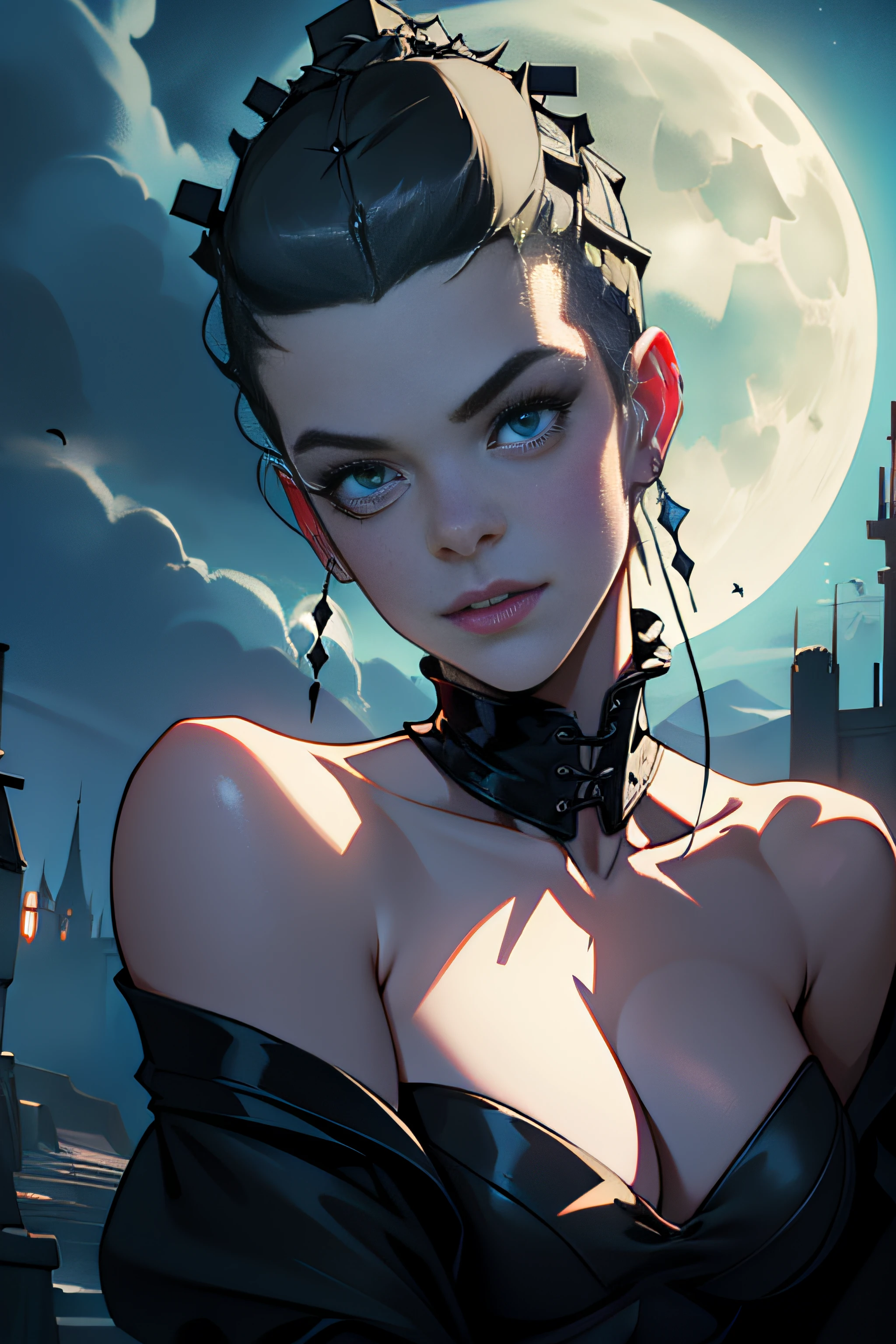 (Masterpiece, Best Quality), 8k Wallpaper, highly detailed, sexy bride of frankenstein, dr frankenstein, castel, night, moonlight, vector style art, erotic, movie poster style, lettering.