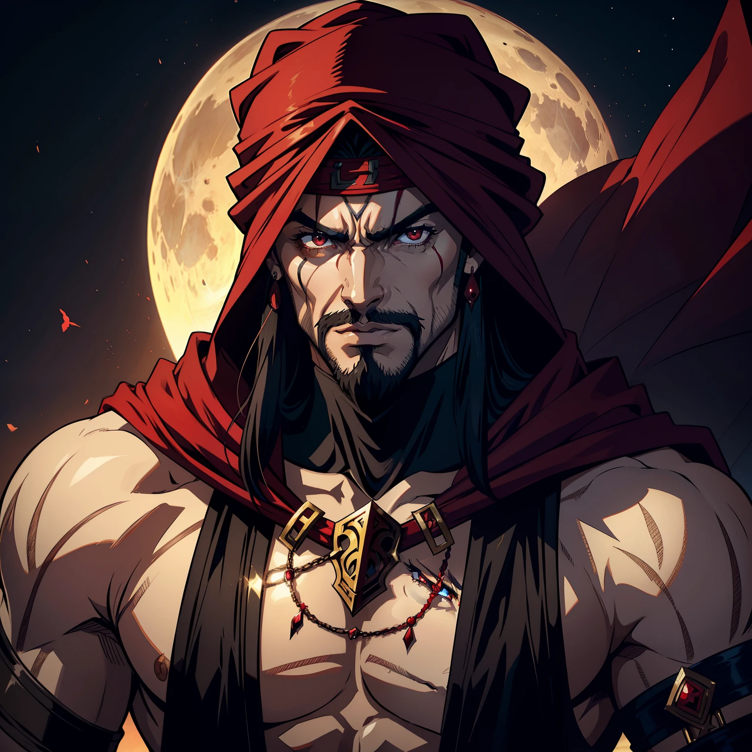 Moroccan Arabian with red turban fierce look hokuto no ken style Castlevania Lord of Shadows hyper realistic super detailed face portrait zoom sexy sexy sexy sexy eyes sexy red eyes beautiful muscular mature mature man face man 37 years old scary demonic mirror crystal appearing from the moon infernal hyper realistic super detailed dynamic shot master scene cutscenes legendary epic movie