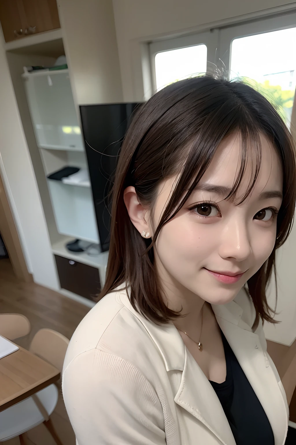 (High reality photograph, high resolusion), Skinny Japanese lady, 20 years old, cute face, detailed face, detailed eyes, various hair style, skinny figure, correct body anatomy, looking straight ahead, facing the camera directly, similar to a certificate photo with simple background