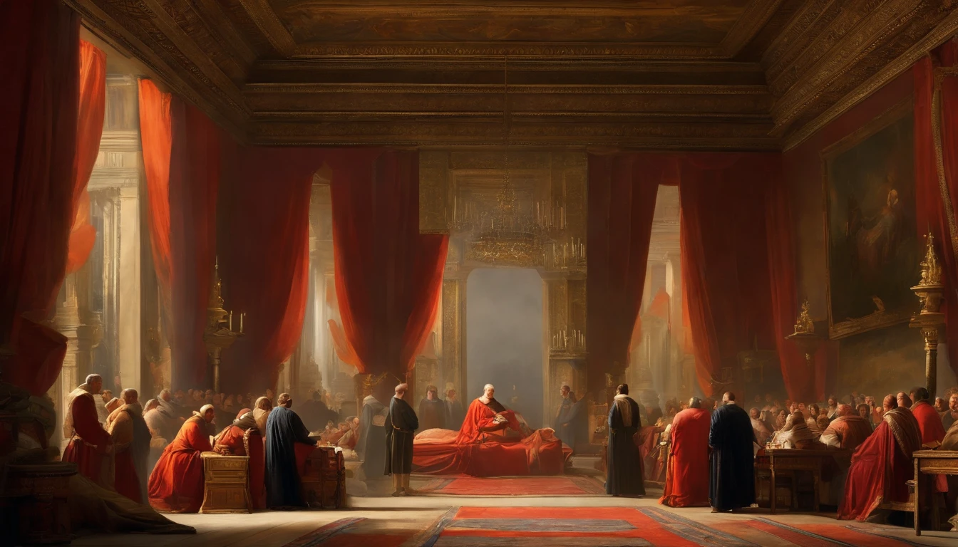 British Artists、Inspired by John Martin's dramatic style in an ancient sumptuous interior、With a monk lying on a sickbed、Kings and ministers、Regal、Layman、Notable people such as Brahmins々comforts him