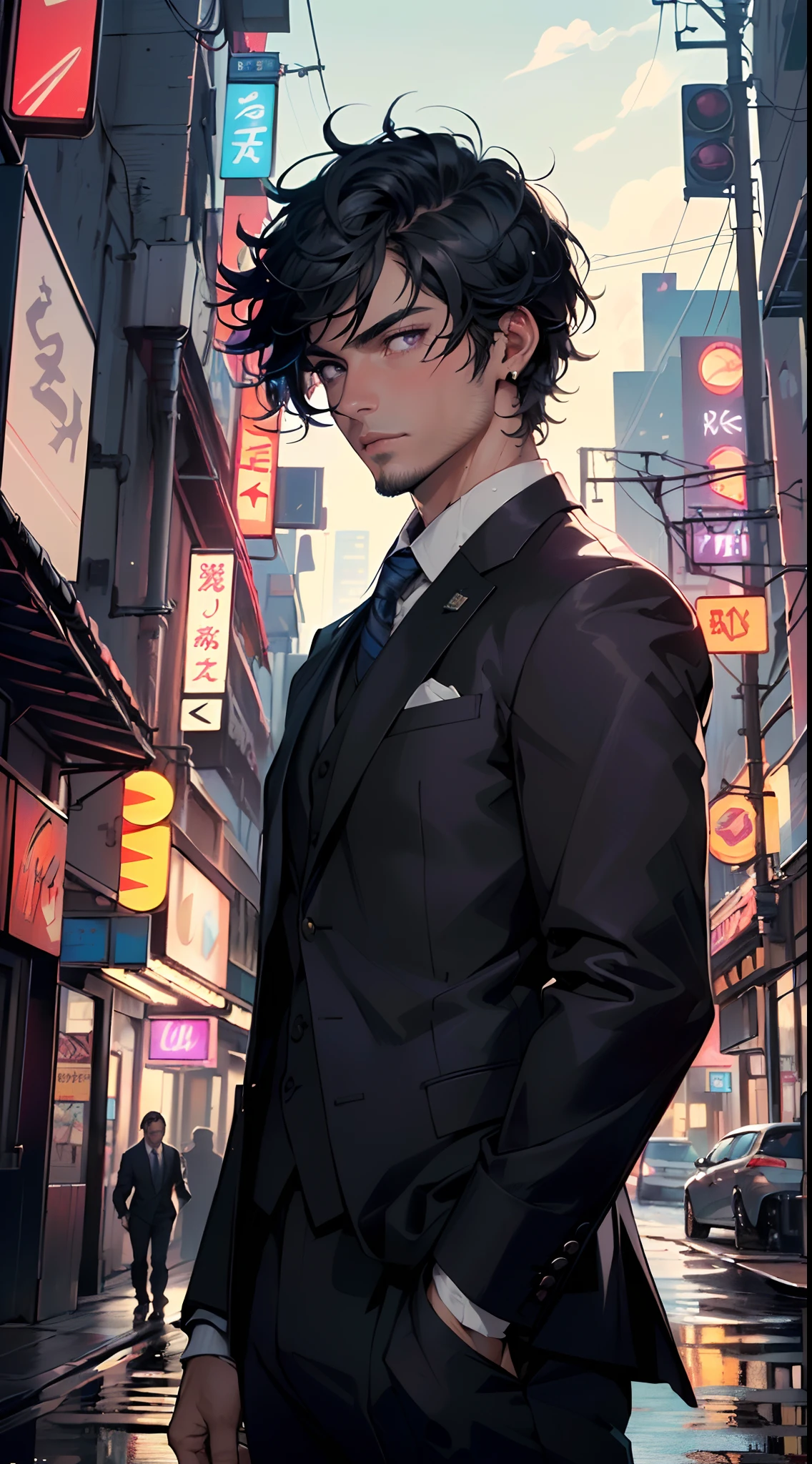 man:1.5,1 man,businessman man,(((1man))),((man with black short hair)),

(((1male,man:1.5,handsome man,male,male gender:1.5,male focus))),macho man,hero,

((messy hair,black short haircut,detailed black hair,highly detailed hair,black hair,colored inner hair)),(((lustrous skin:1.5,tanned skin,bright skin: 1.5,skin tanned,shiny skin,very shiny skin,shiny body,illuminated skin))),(((purple_eyes:1.2))),intricate eyes,beautiful detailed eyes,symmetrical eyes,((man chest)),handsome face,((muscular)),male jaw,((very short beard)),(((detailed face))),

manly,nsfw,

cyberpunk businessman, ((Business suit:1.5)), futuristic businessman,((bulge in pants)),((bold color suit:1.2)),((wet clothes,intricate outfit,intricate clothes,intricate suit)),

(dynamic pose:1.0),solo focus,((smug)),(centered,scale to fit dimensions,Rule of thirds),

cyberpunk city by the ocean at night, with bright neon signs and dark stormy clouds and puddles, scenery:1.25,

highres, sharp focus, (ultra detailed, extremely detailed), (photorealistic artwork:1.37),(extremely detailed CG unity 8k wallpaper),((synthwave background theme)),(((vibrant colors))),(intricate background),(masterpiece),(best quality),