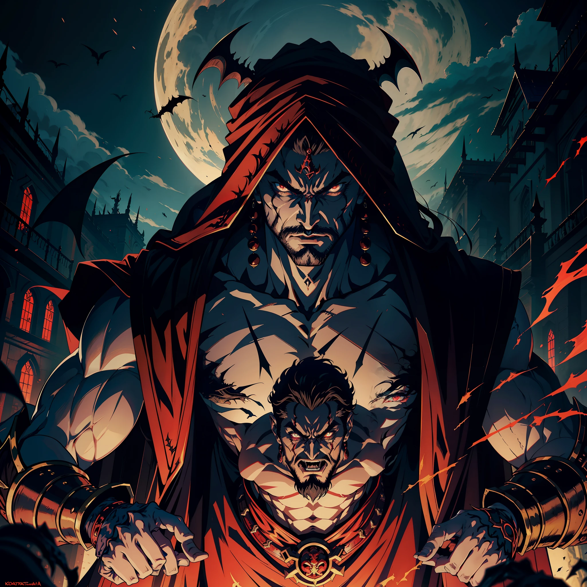 Castlevania Hyper Realistic Shadow Lord Super Detailed Dynamic Shot Master Piece of Lord Dracula Medieval Arab Warrior with Red Turban Scary Face Hokuto No Ken Structure Muscular Face Kenshiro Troops at the head Army of demons to fight sharp details Cinematic Scenes Epic Movie Movie Hyper Realistic Movie Legendary Movie Epic Movie