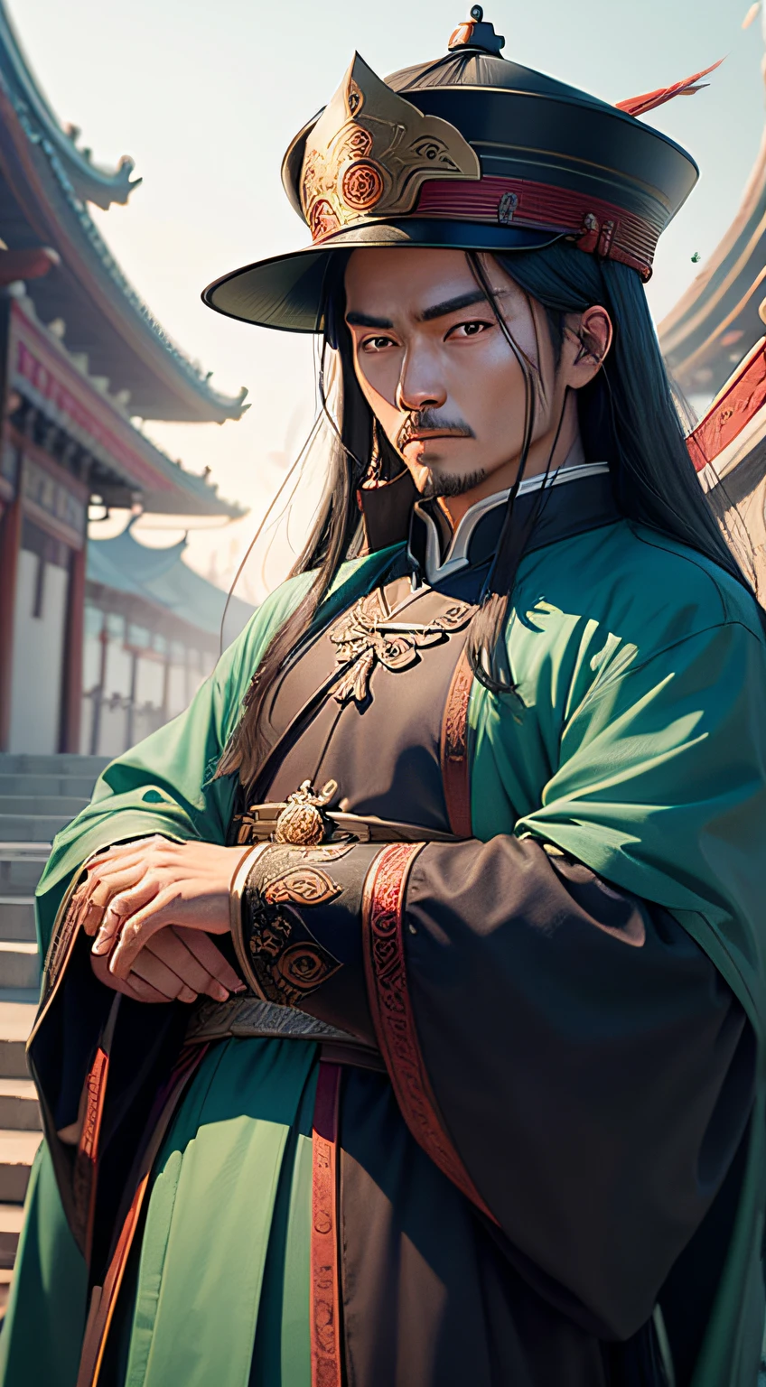 Image prompt: Create a portrait of Zhuge Liang, a mastermind military strategist during ancient China's Three Kingdoms period.