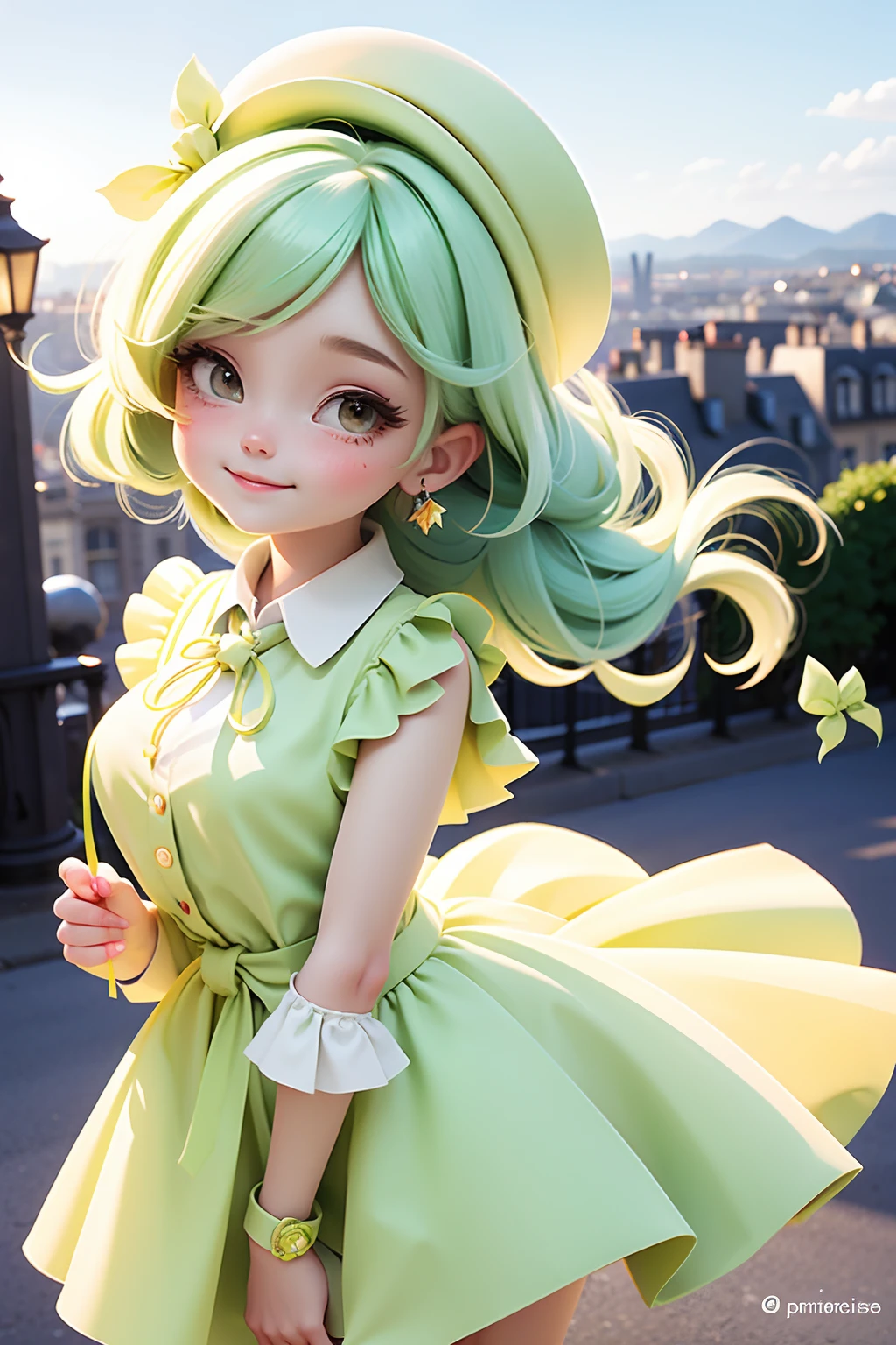 lolli girl in princess long lime green dress, green lime hair. cute smile , cap, cute ribbons, necktie, paris city street with nice view background