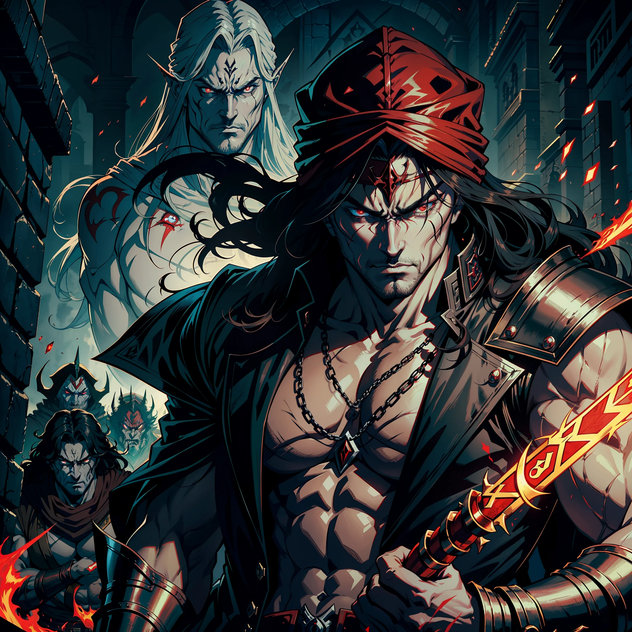 Castlevania Hyper Realistic Shadow Lord Super Detailed Dynamic Plan Master Piece of Lord Dracula Medieval Arab Warrior with Red Turban Scary Face Hokuto No Ken Structure Muscular Face Kenshiro Troops at the head Army of demons to fight sharp details Cinematic Scenes Epic Movie Hyper Realistic Movie Movie Legendary Movie Epic Movie