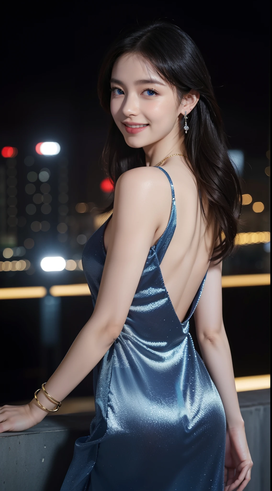 8k, masterpiece, RAW photo, best quality, photorealistic, extremely detailed CG unity 8k wallpaper, Depth of field, Cinematic Light, Lens Flare, Ray tracing, (extremely beautiful face, beautiful lips, beautiful eyes), intricate detail face, ((ultra detailed skin)) 1girl, in the dark, deep shadow, pretty asian girl, ((looking at viewer)),(big smile), (blurry background), midnight, (pretty girl), earrings, bracelets, necklace, clear eyes, (pale skin), face forward, (big eyes), (looking at viewer), large breasts ,((smile)), rooftop, dim lights, ((night)), cityscape, blue eyes, golden dress, mini dress, open breast, veranda, very slim, (medium butt), see through dress, thick thighs