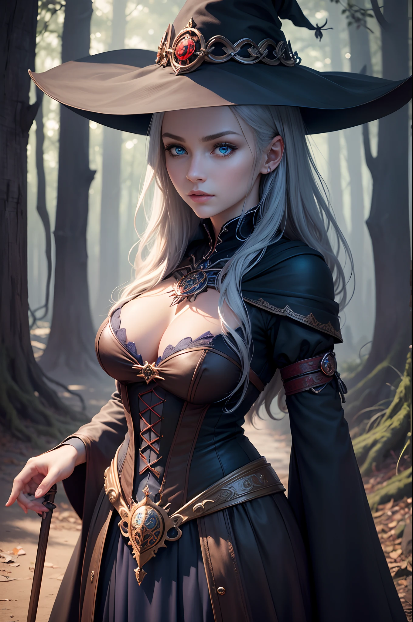 ((Best Quality)), ((masutepiece)), ((Realistic)), Celtic witch, Witch, artistic anatomic hands, Artistic anatomy, Glowing blue eyes, Female face, , Trending on ArtStation, Sharp Focus, studio photo, Intricate details, Very detailed, Detailed eyes, Illustration, Very detailed, Red and Black Witch Costume,Sharp Focus, a digital rendering, Professional, 8K　Beautiful expression　超A high resolution　real looking skin　Colorful effects of magic circles behind,in woods,Super beauty(Jaws like the real thing)