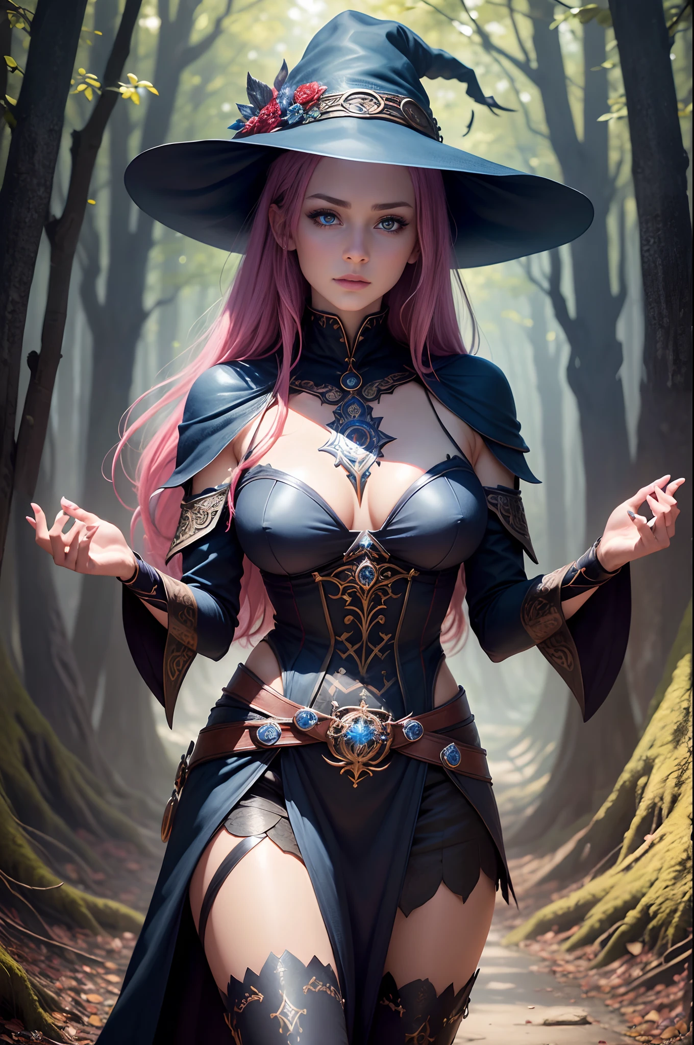 ((Best Quality)), ((masutepiece)), ((Realistic)), Celtic witch, Witch, artistic anatomic hands, Artistic anatomy, Glowing blue eyes, Female face, , Trending on ArtStation, Sharp Focus, studio photo, Intricate details, Very detailed, Detailed eyes, Illustration, Very detailed, Red and Black Witch Costume,Sharp Focus, a digital rendering, Professional, 8K Beautiful expression 超A high resolution real looking skin Colorful effects of magic circles behind,in woods,Super beauty(Jaws like the real thing)