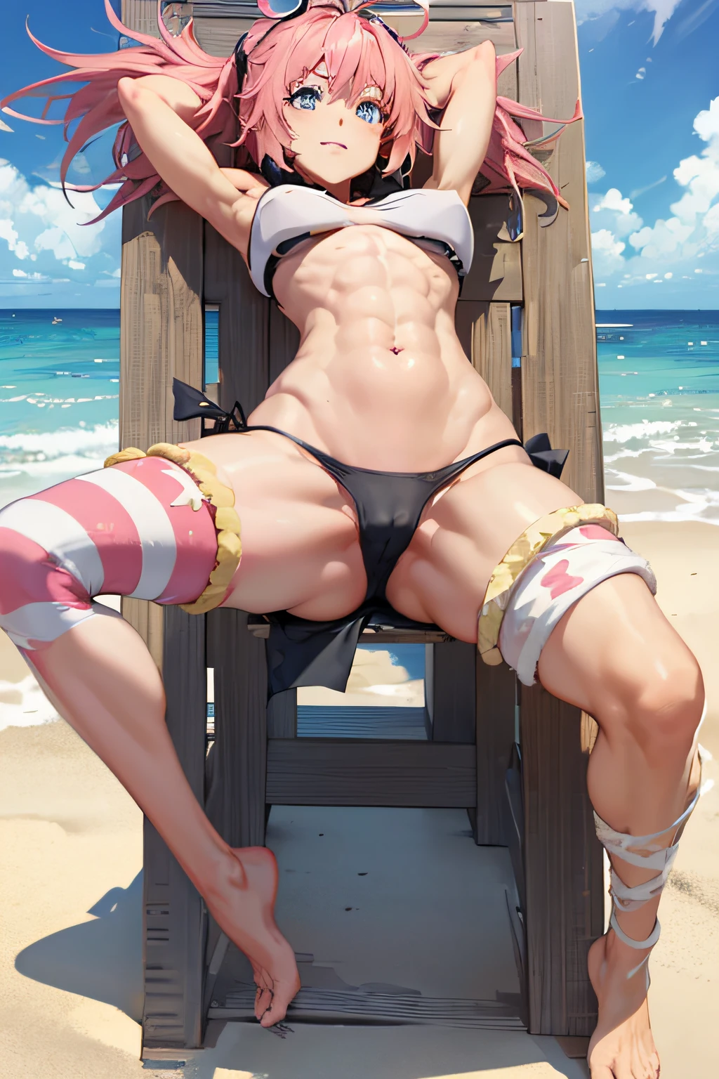 ((female)), (very messy hair), (sensual look), fangs, ((ripped abdomen)), toned arms and legs, small breasts, excessive sweating, (summer beach scene), blue eyes, yacht at background, high quality, 8k, faithful to the original, lying on the beach