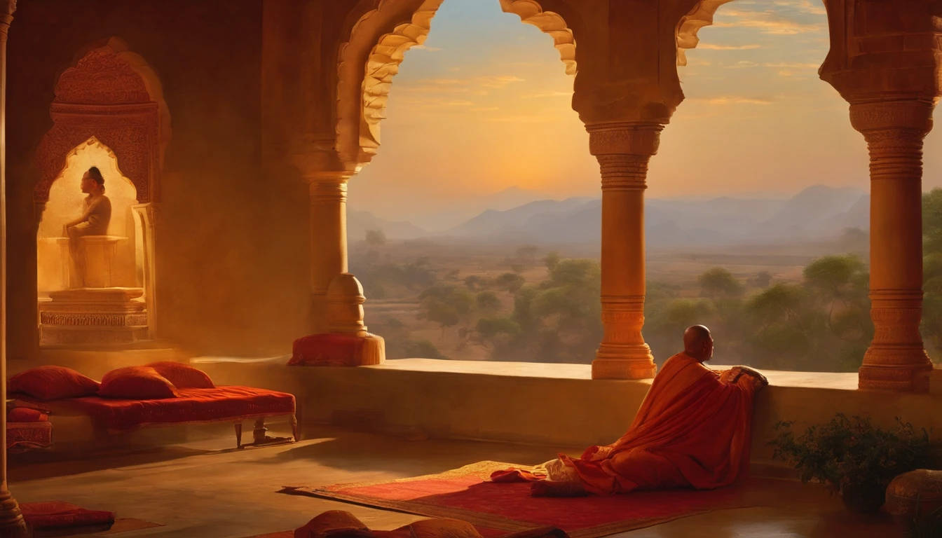 In a luxurious interior of ancient India、With a monk lying on a sickbed、Kings and ministers、Regal、Layman、Notable people such as Brahmins々How the British artist comforts him、Inspired by John Martin's dramatic style