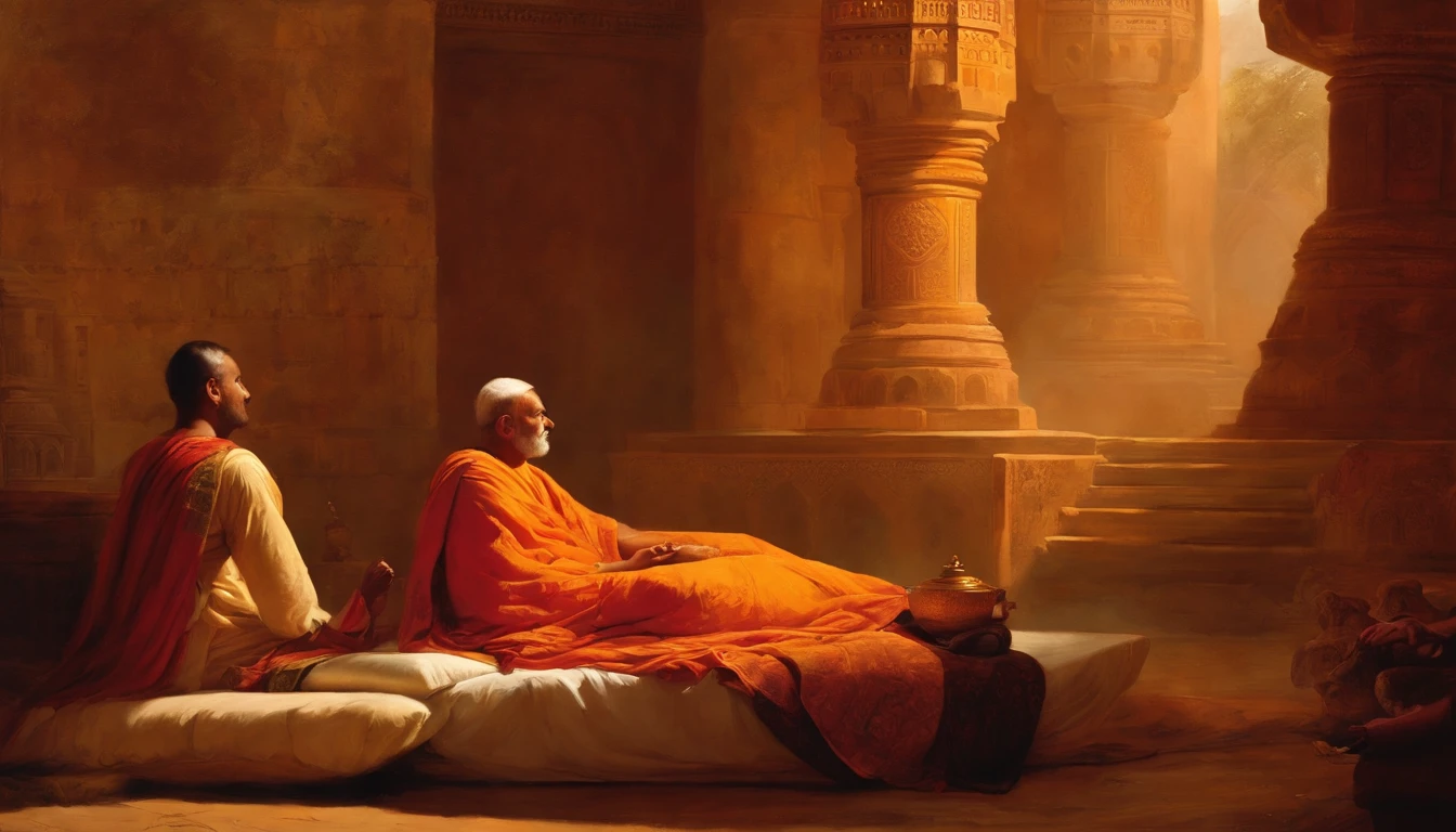 In a luxurious interior of ancient India、With a monk lying on a sickbed、Kings and ministers、Regal、Layman、Notable people such as Brahmins々How the British artist comforts him、Inspired by John Martin's dramatic style