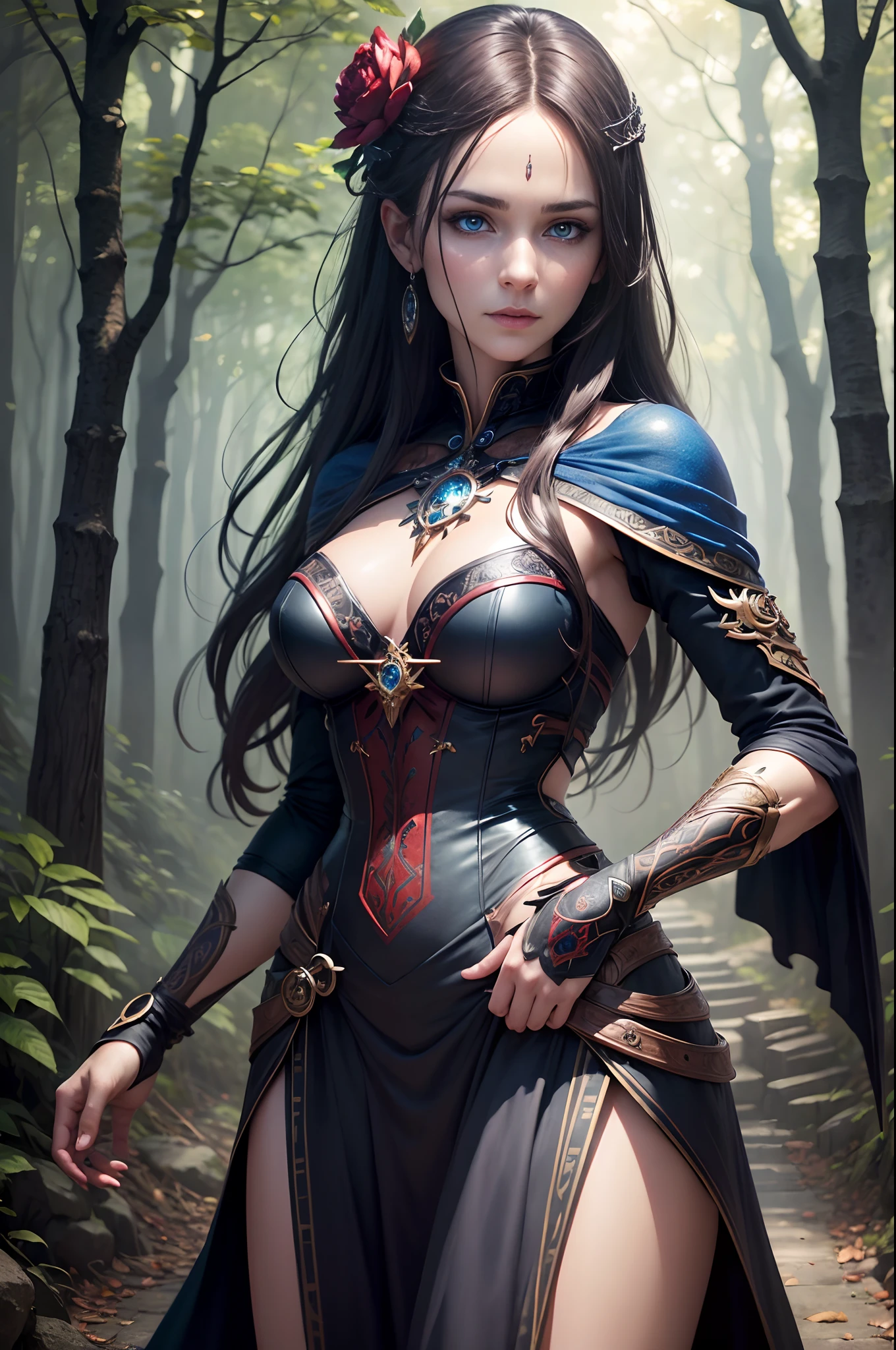 ((Best Quality)), ((masutepiece)), ((Realistic)), Celtic witch, Witch, artistic anatomic hands, Artistic anatomy, Glowing blue eyes, Female face, , Trending on ArtStation, Sharp Focus, studio photo, Intricate details, Very detailed, Detailed eyes, Illustration, Very detailed, Red and Black Witch Costume,Sharp Focus, a digital rendering, Professional, 8K　Beautiful expression　超A high resolution　real looking skin　Colorful effects of magic circles behind,in woods,Super beauty(Jaws like the real thing)