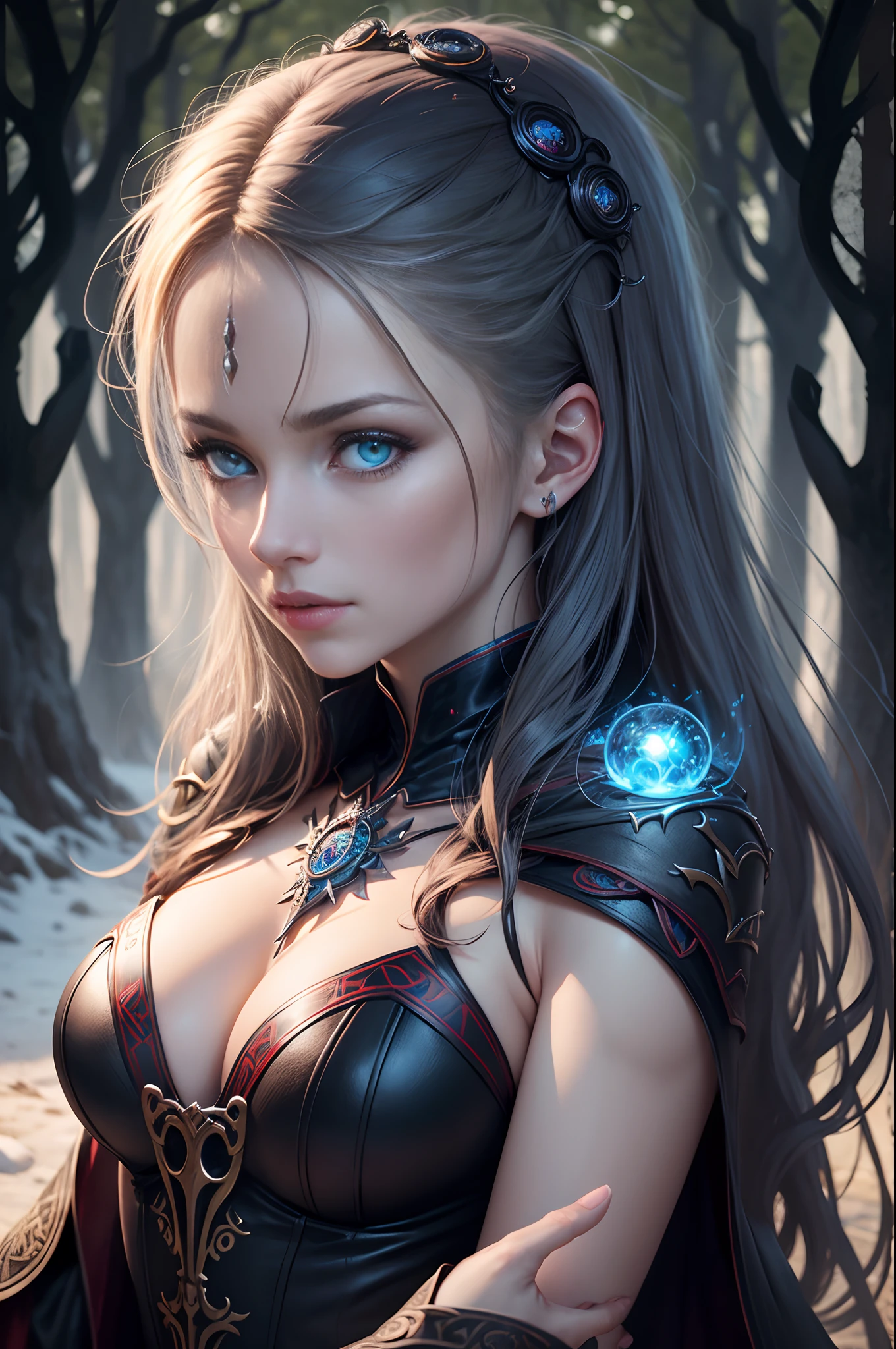 ((Best Quality)), ((masutepiece)), ((Realistic)), Celtic witch, Witch, artistic anatomic hands, Artistic anatomy, Glowing blue eyes, Female face, , Trending on ArtStation, Sharp Focus, studio photo, Intricate details, Very detailed, Detailed eyes, Illustration, Very detailed, Red and Black Witch Costume,Sharp Focus, a digital rendering, Professional, 8K　Beautiful expression　超A high resolution　real looking skin　Colorful effects of magic circles behind,in woods,Super beauty(Jaws like the real thing)