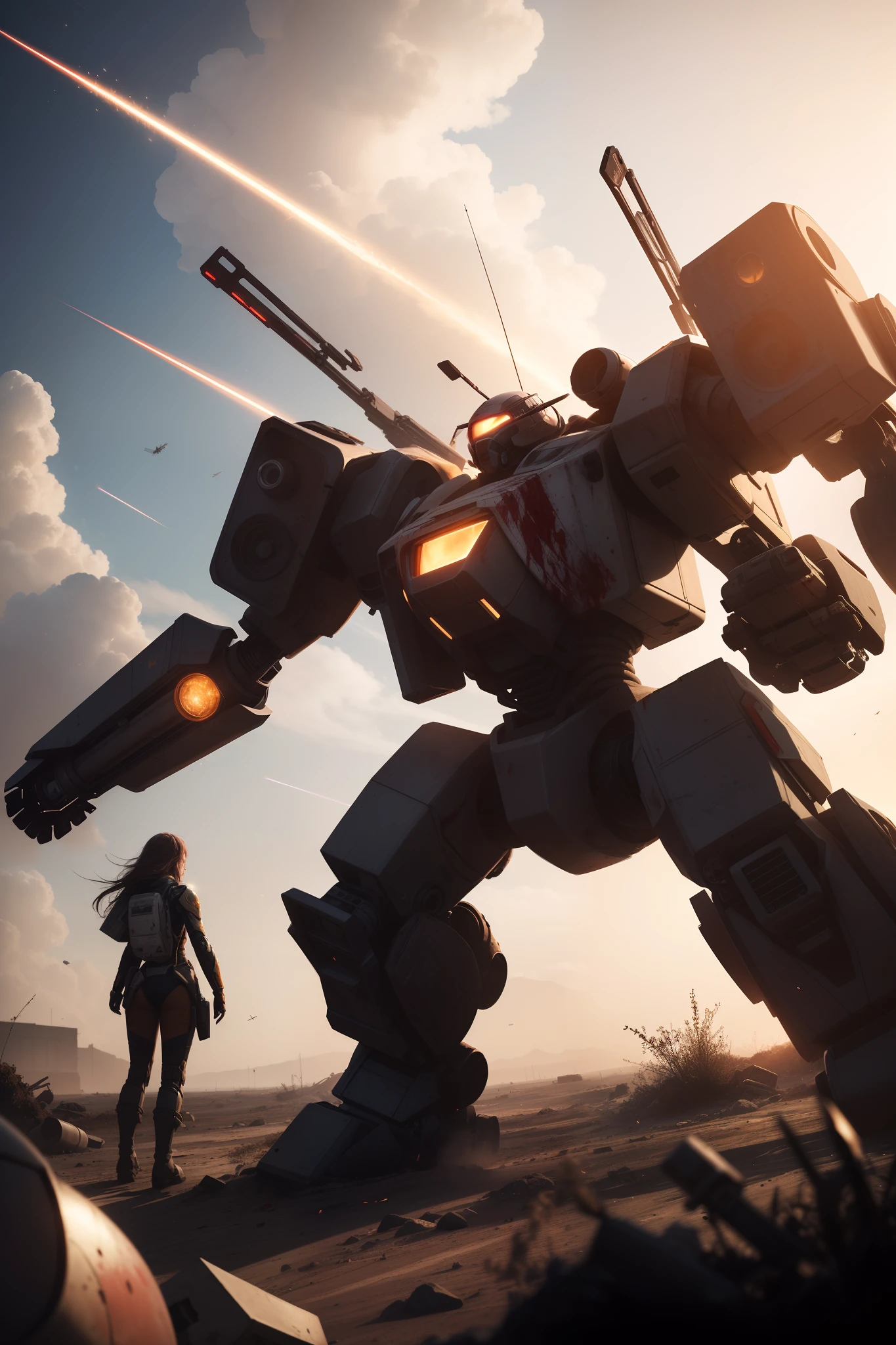 Look up at the perspective，（Digital artwork：1.3）（a sketch：1.1）Octane renders a wasteland，Swirling thick clouds，smog，Flying machines in the sky fierce battle，weed，Dilapidated houses，gravel path，Sunset，dark red color，（（A girl in a combat uniform stood in front of the badly damaged and broken mech）），（（The girl's long messy hair fluttered，Blood，closeup cleavage）），（Stubborn），（Steadfast），（blood stains at the corners of the mouth），（Messy long hair flying），（（（The mech was spattered with blood））），（Mars splashes），（（Broken upper body mech，Dropped mech fragments）），（Exposed wires），（（Mecha is depicted finely）），（（（super-fine））），shot at 8k resolution，petrol liquid，Firelight，Missiles streaked across the sky，weeds，gravel path，blasts，splashart，（（Dynamic speed lines：1.2）），Lithography in intricate details，dongh（Light particles：1.2），（game concept：1.3），（depth of fields:1.3),Global illumination,detail-rich，Trends on ArtStation，Epic shooting，Cinematic lighting