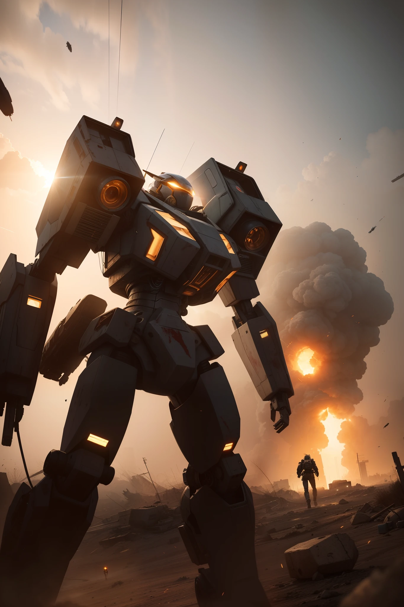 Look up at the perspective，（Digital artwork：1.3）（a sketch：1.1）Octane renders a wasteland，Swirling thick clouds，smog，Flying machines in the sky fierce battle，weed，Dilapidated houses，gravel path，Sunset，dark red color，（（A girl in a combat uniform stood in front of the badly damaged and broken mech）），（（The girl's long messy hair fluttered，Blood，closeup cleavage）），（Stubborn），（Steadfast），（blood stains at the corners of the mouth），（Messy long hair flying），（（（The mech was spattered with blood））），（Mars splashes），（（Broken upper body mech，Dropped mech fragments）），（Exposed wires），（（Mecha is depicted finely）），（（（super-fine））），shot at 8k resolution，petrol liquid，Firelight，Missiles streaked across the sky，weeds，gravel path，blasts，splashart，（（Dynamic speed lines：1.2）），Lithography in intricate details，dongh（Light particles：1.2），（game concept：1.3），（depth of fields:1.3),Global illumination,detail-rich，Trends on ArtStation，Epic shooting，Cinematic lighting