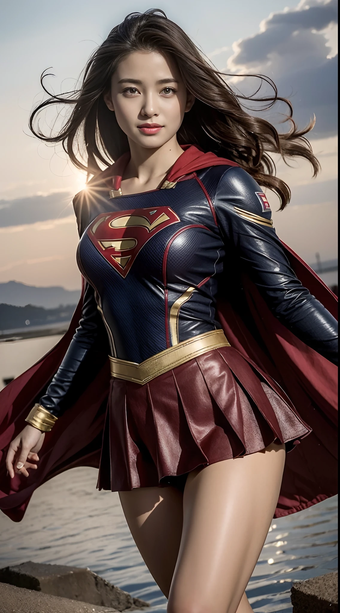 (Photorealistic:1.37), Highest Quality, masutepiece, 超A high resolution, (Healthy skin tone), BREAK, Solo, Cinematic, fighting poses, She wears DC's Supergirl costume suit, Red short skirt, S mark on chest, Long Red Cloak, A fearless smile appears on her beautiful face, Light brown short hair, Elegant, Beautiful body like a supple athlete, Very sparkly oily skin, Large breasts, Big hips, In the ruined city, BREAK, Highly detailed beautiful eyes and face, Detailed fabric texture, Insanely detailed realistic skin texture, (Correct body balance), Top-quality lighting that doesn't darken your face when backlit