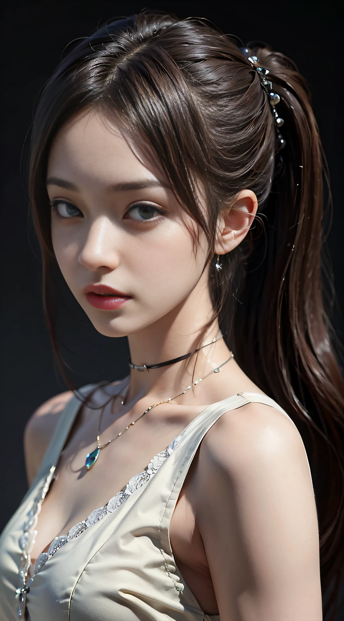 ((masterpiece:1.4)、(top-quality:1.4)、(reallistic:1.7))、masuter piece:1.4、Kawaii Girl、Portrait photos、Close-up photos、Upper body photography、beautiful countenance、defiance、dark backgrounds、Narrow waist、poneyTail、Raw photo、red-lips、a choker:1.4、a necklace:1.4、耳Nipple Ring:1.4、1 screen display、