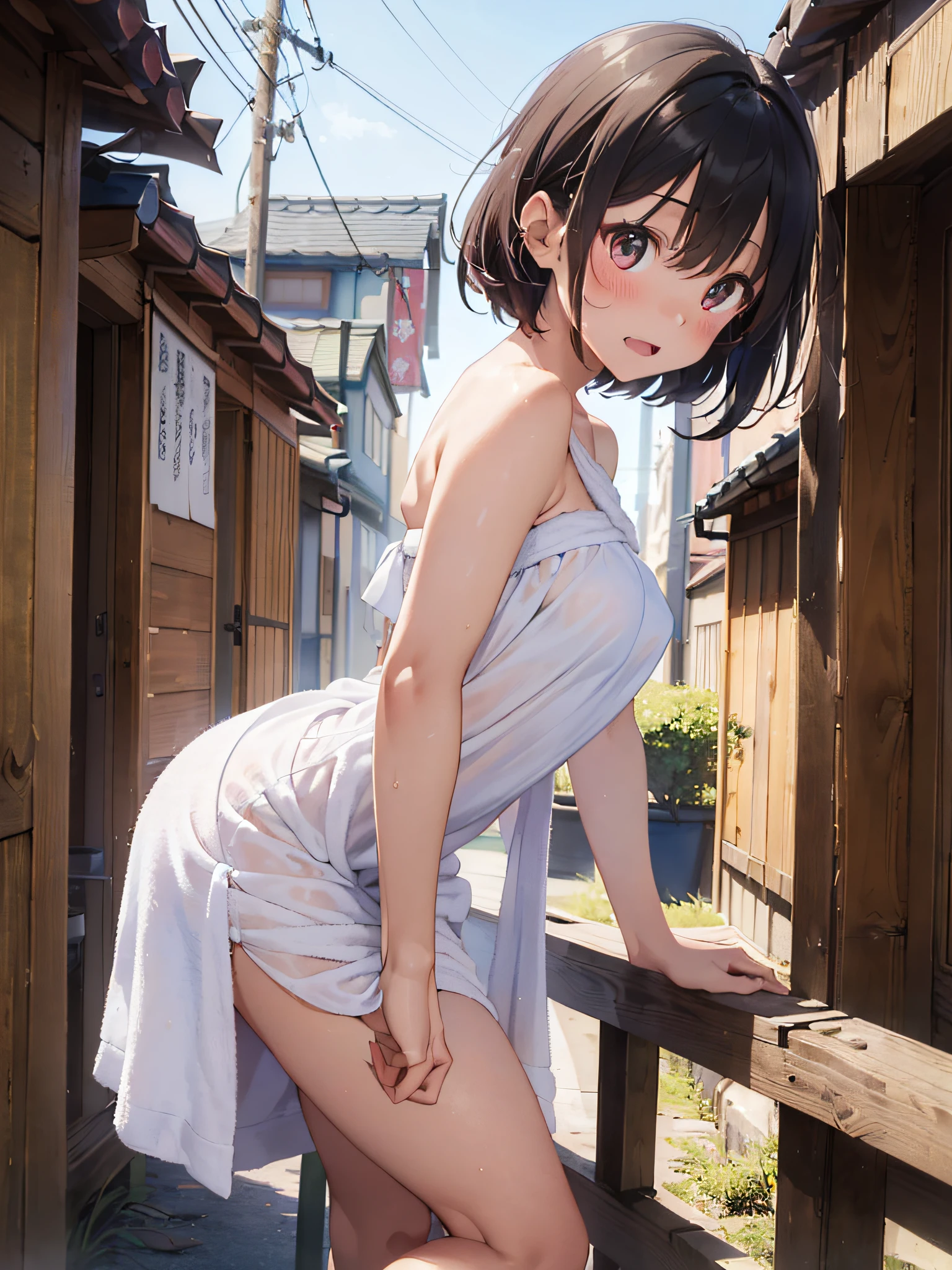 (masterpiece:2.0), (top-quality:2.0), (white Tube top extremely short length dress made by towel:1.5), (view from the side:1.5), (perfect exposed shoulders:1.5), (perfect exposed nape:1.5), (super sexypose:1.5), (blushed face:1.3), (barechested:1.3), (realistic:1.5), 1 girl, precise small hands, Embarrassed look, light smile, Open mouth, extremely cute girl, innocent face, young face, Clear eyes, Shining eyes, shoulder is visible, small breast, thigh is visible, No pubic hair, dynamic posing, The beautiful skin, ultra-definition, Top resolution, japan high school student, brown hair