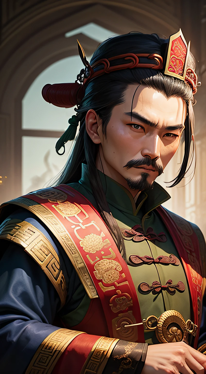 Image prompt: Create a portrait of Zhuge Liang, a mastermind military strategist during ancient China's Three Kingdoms period.