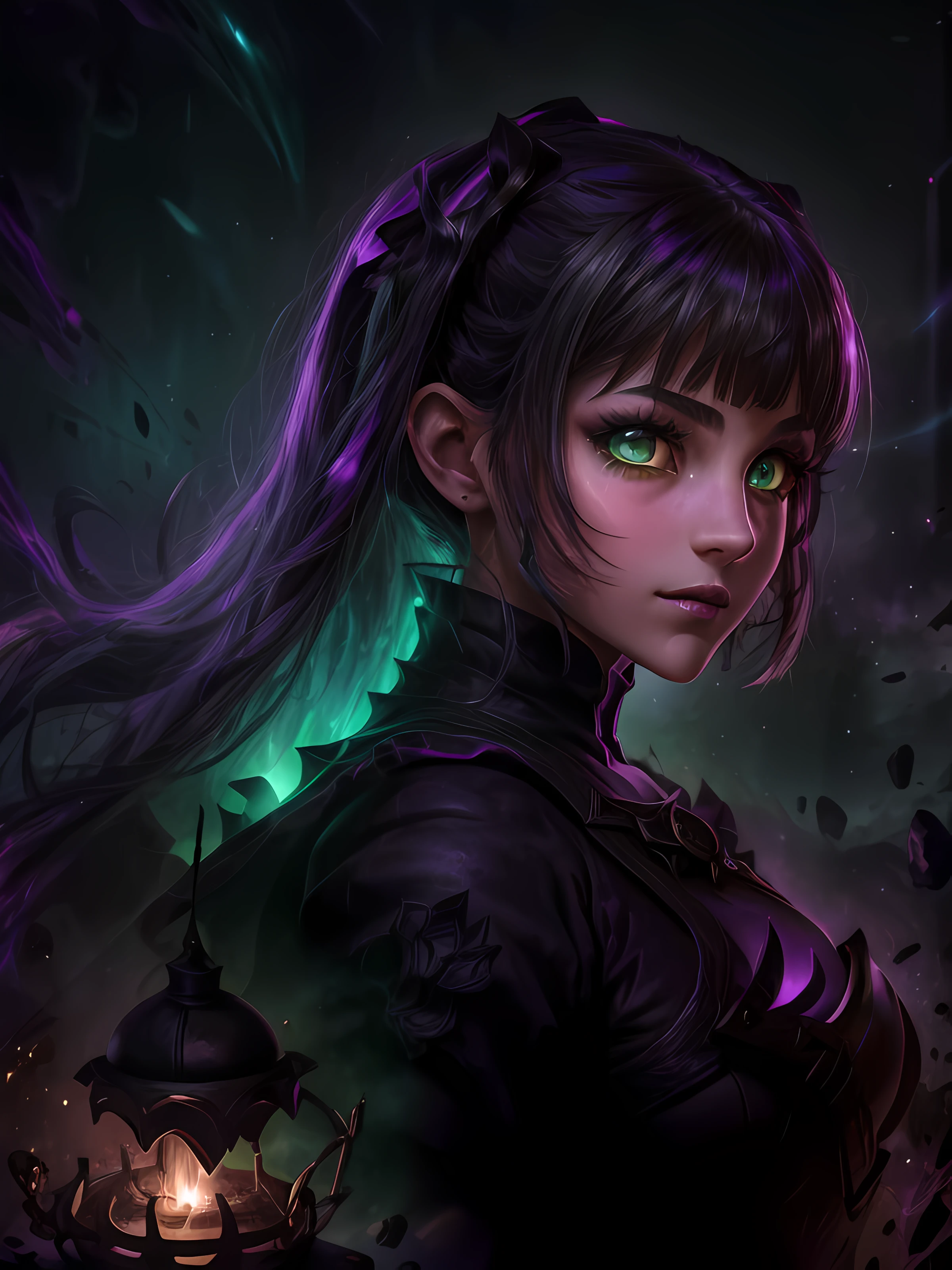 ((Close-up portrait of a girl with green eyes)), with glowing purple eye light, Violet luminous rays, dark fantasy portrait, Portrait in profile, (Cheeky face). Dark Fantasy, detailed digital art, sexy girl with green eyes, ((Gloomy color scheme:1,5)), (NSFW), (A very dark room, little light, Low visibility)). (Strong shadow:1,6). twilight.