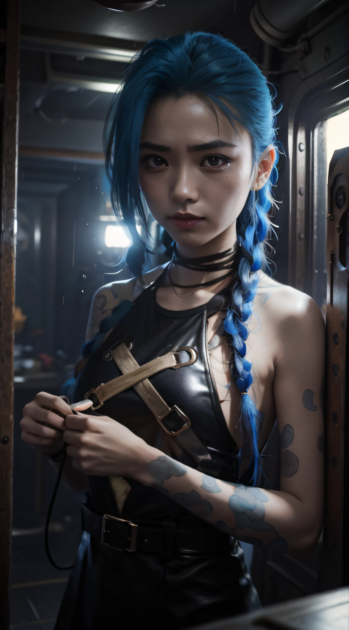 Jinx,Jinx blue hair,(Cinematic tones)(The film uses cool colors of blue and gray)(Wet clothes:1.9),(Get wet all over your body:1.9),Top image quality, tmasterpiece, 超高分辨率, (Fidelity:1.4), stunningly beautiful woman, (Deeply condolences), , dim murky lights, shadowy, Desperate, Pity, Pathetic, Cinematic, Tears, tear drop, , Real rain, wetting hair,. Surprising crying, Clear white skin, There are scratches everywhere, Dirty face, White skin, Smooth skin, Surprisingly realistic pictures, 8K high quality medium dark illumination, High detail, Detail Eye, Detal Face,