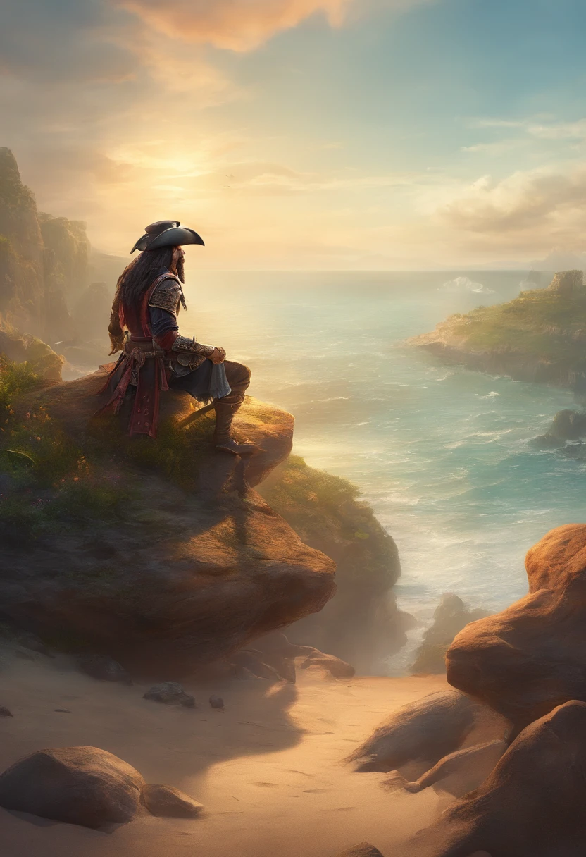 cinematic still shot of a pirate skeleton sitting of a rock on the beach looking in the distance + cinematic lighting + dramatic lighting + photorealistic + photorealism + ray tracing + unreal engine 5 + high detailing + exclusive details + prime + high quality + ultra detailing 8k, hdr, hr --v 4