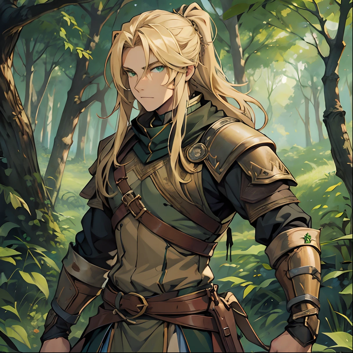 Long Blond Hair. Green Eyes. Man. Florest Background