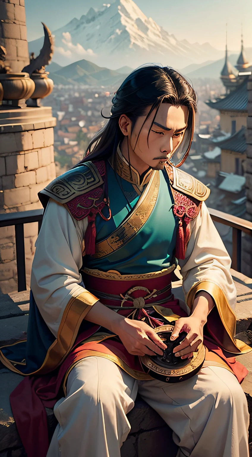 Image prompt: Depict Zhuge Liang, who was a man, calmly sitting on the city walls, playing a musical instrument amidst an open city gate, portraying confidence and a calculated risk.