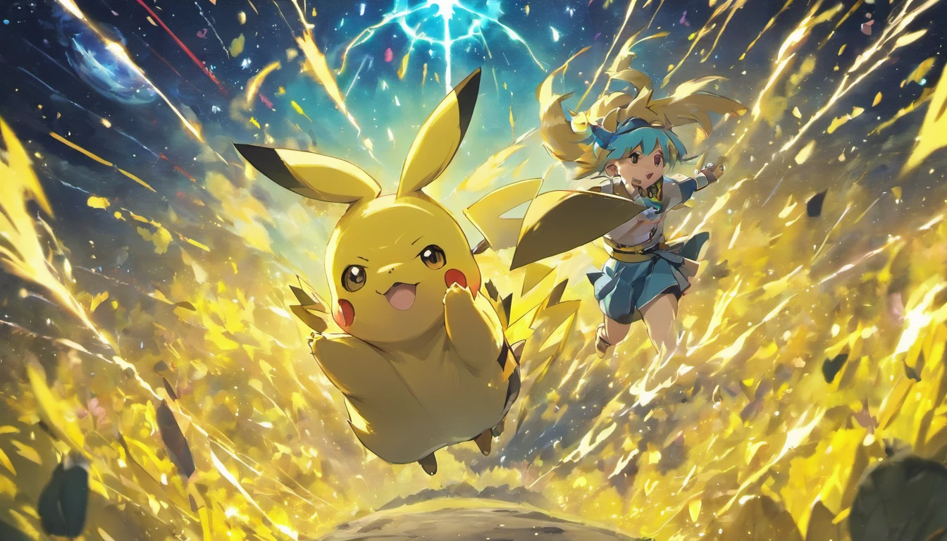 Pokémon Pikachu full of lightning around with other pokemons trying to attack it, Pikachu, Pikachu surpreendido, Pikachu em uma floresta, Arte conceitual de Pikachu, Pikachu cyberpunk, Um Pikachu em uma floresta, pikachu on acid, Pikachu como um humano, Pikachu vida real, Pokémon illustration, Pikachu como Jesus, Megaman como Pikachu, pikachu in space, Pikachu Tarot Card, Mika Pikazo, Pokémon, assustador, Classical Academy, arte a giz, massive scale, animation, profundidade de campo, etiqueta, cores do azure, abstrair, vacuum tube lighting, 8 bits