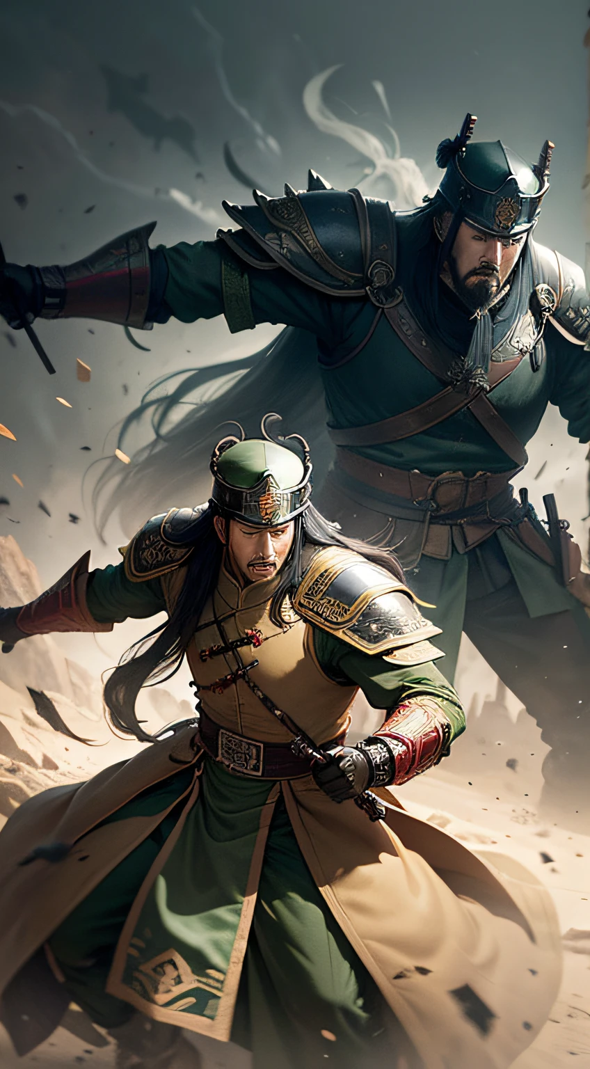 Image prompt: Show the approaching enemy army, hesitating and retreating, perplexed by Zhuge Liang's unexpected behavior and doubting an ambush.