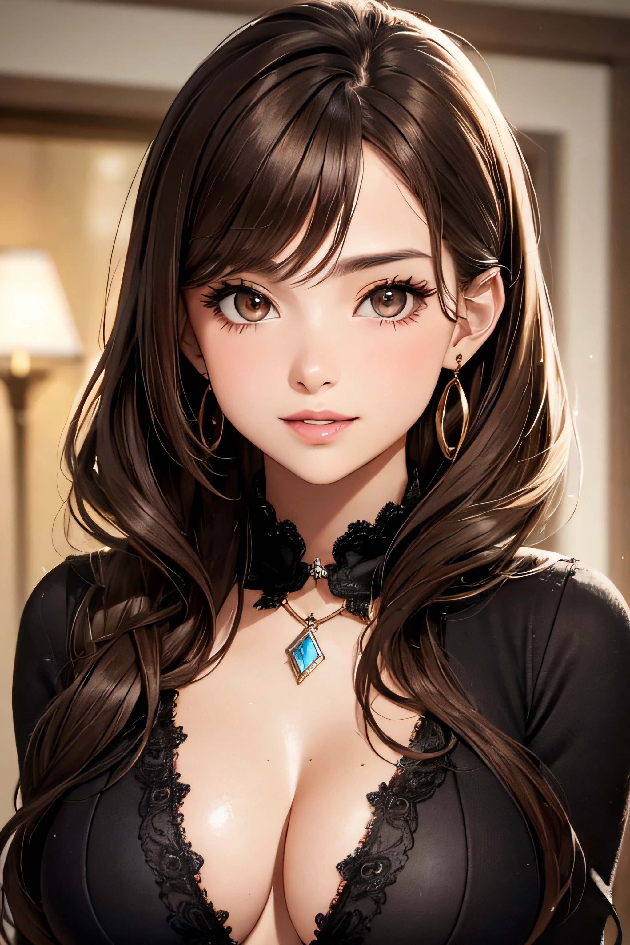(One front photo)winter clothes, Beautiful face, Highly detailed face and skin texture, (Detailed eyes), Brown eyes, Double eyelids, Thin eyebrows, Glitter eyeliner: 1.2, Natural cheeks, Glowing skin, Fair skin: 1. 2, Shiny necklace and earrings, (Shiny lips: 1. 4), (Seductive smile), (20 years old), (High ponytail, Wavy hair, Brown hair, Diagonal bangs), Medium long hair, ((Upper body shot)), (Focus on chest and face), Medium large breasts, Turgid breasts.