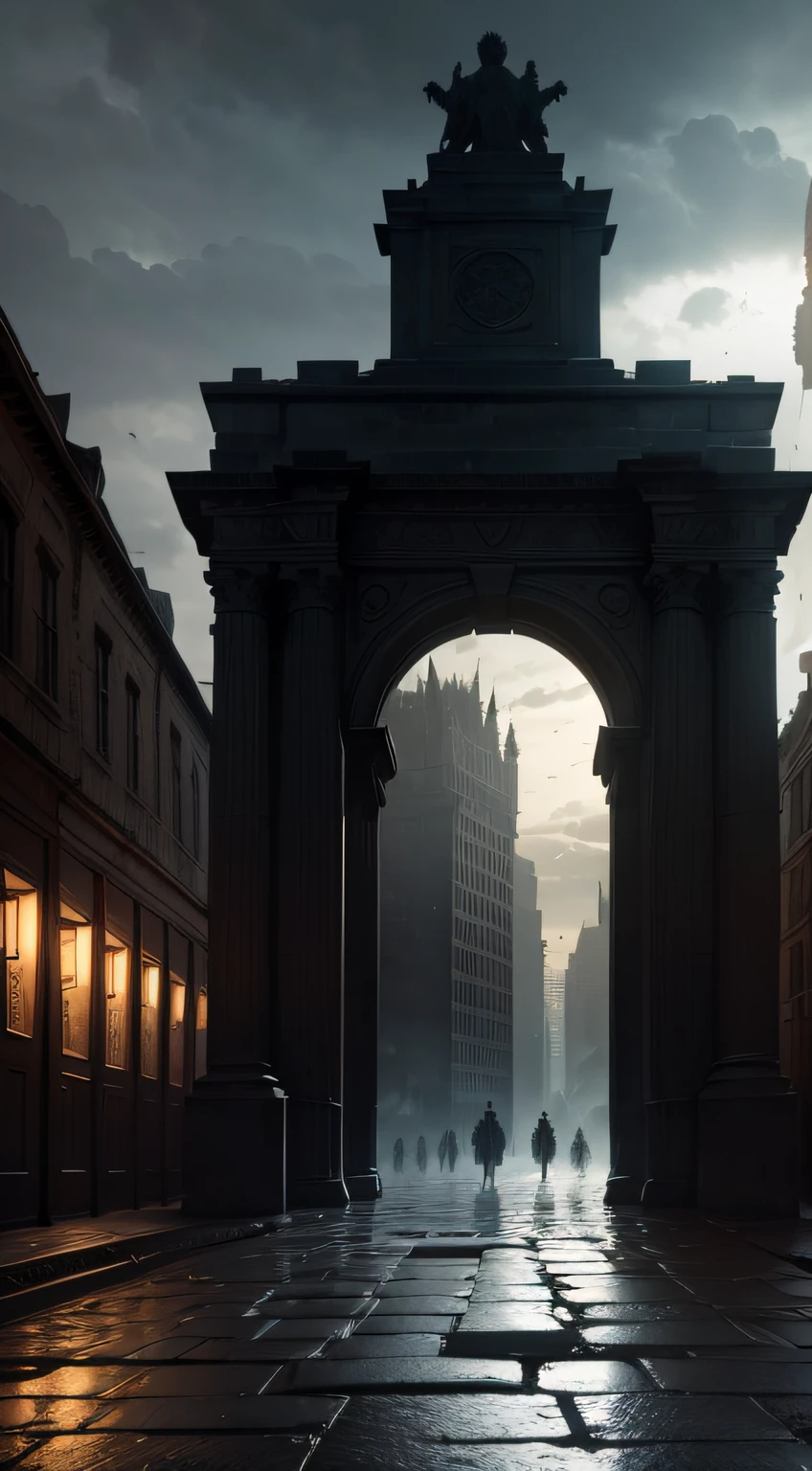 city gates wide open and empty,departing enemy,successful execution of the psychological tactic,illustration,ultra-detailed,realistic:1.37,highres,HDR,stark contrast,dramatic lighting,vivid colors,empty streets,ominous atmosphere,majestic architecture,defeated soldiers,long shadows,lit torches,deserted city walls,uneasy silence,ancient ruins,narrow passageways,crumbling stone,city skyline,retreating army,striking composition,imposing gates,menacing presence,hauntingly beautiful,foreboding,abandoned buildings,mysterious atmosphere,ominous clouds,masterpiece:1.2