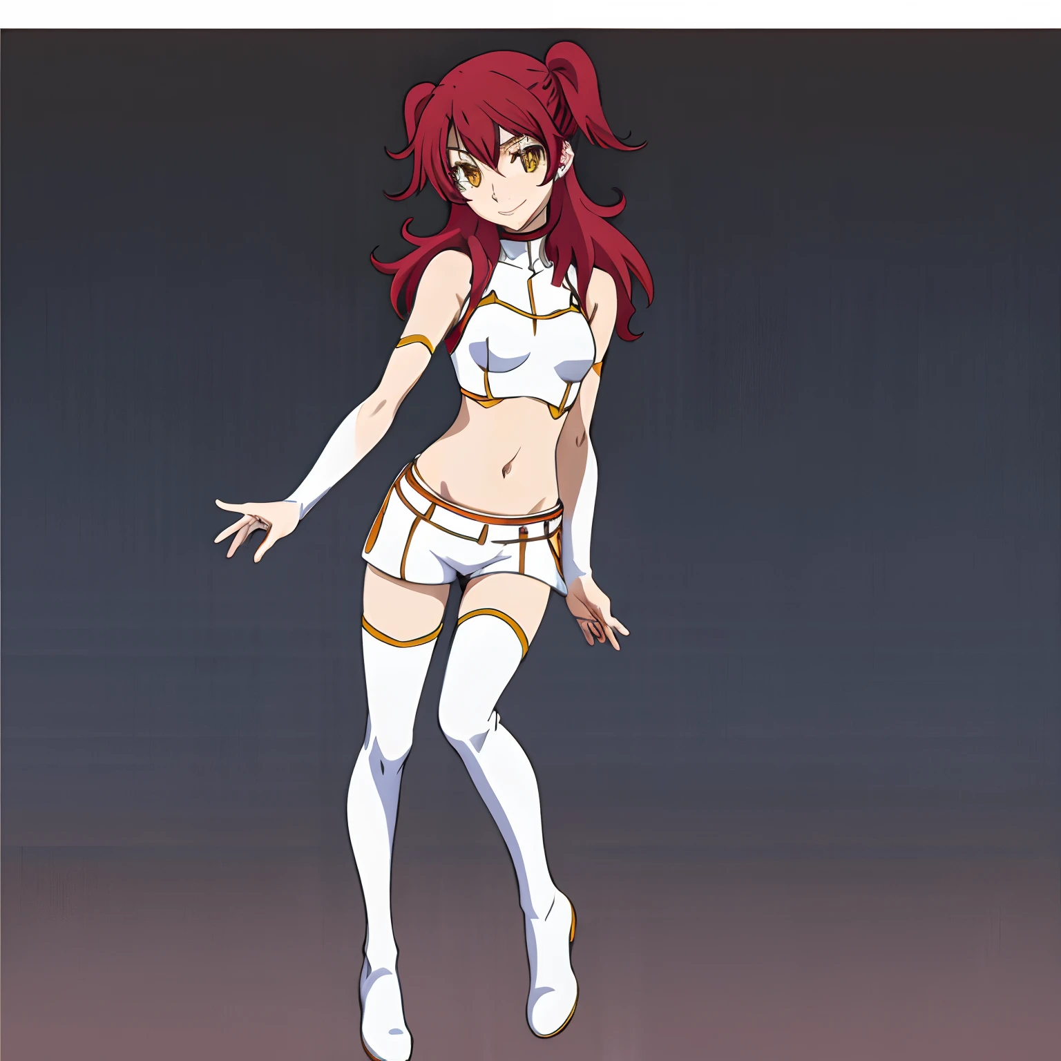 masutepiece,High quality,Solo,
Looking at Viewer,Smile,
Nena Trinity,1girl in,
Long hair,two side up,Red hair,earrings,freckle,Yellow eyes,
White bodysuit,Midriff,
arm band,
Shorts,
White Thigh Boots,Full body,