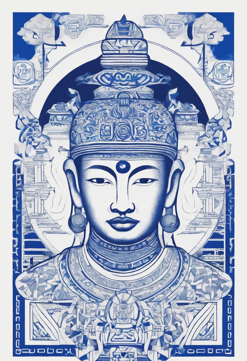 Ancient Chinese warrior figure composed of geometric shapes，white background, Klein blue and white style, doodle in the style of Keith Haring, sharpie illustration, MBE illustration, bold lines, in the style of grunge beauty, mixed patterns, text and emoji installations --ar 3:4 50 --niji 5 --style expressive” --s 2