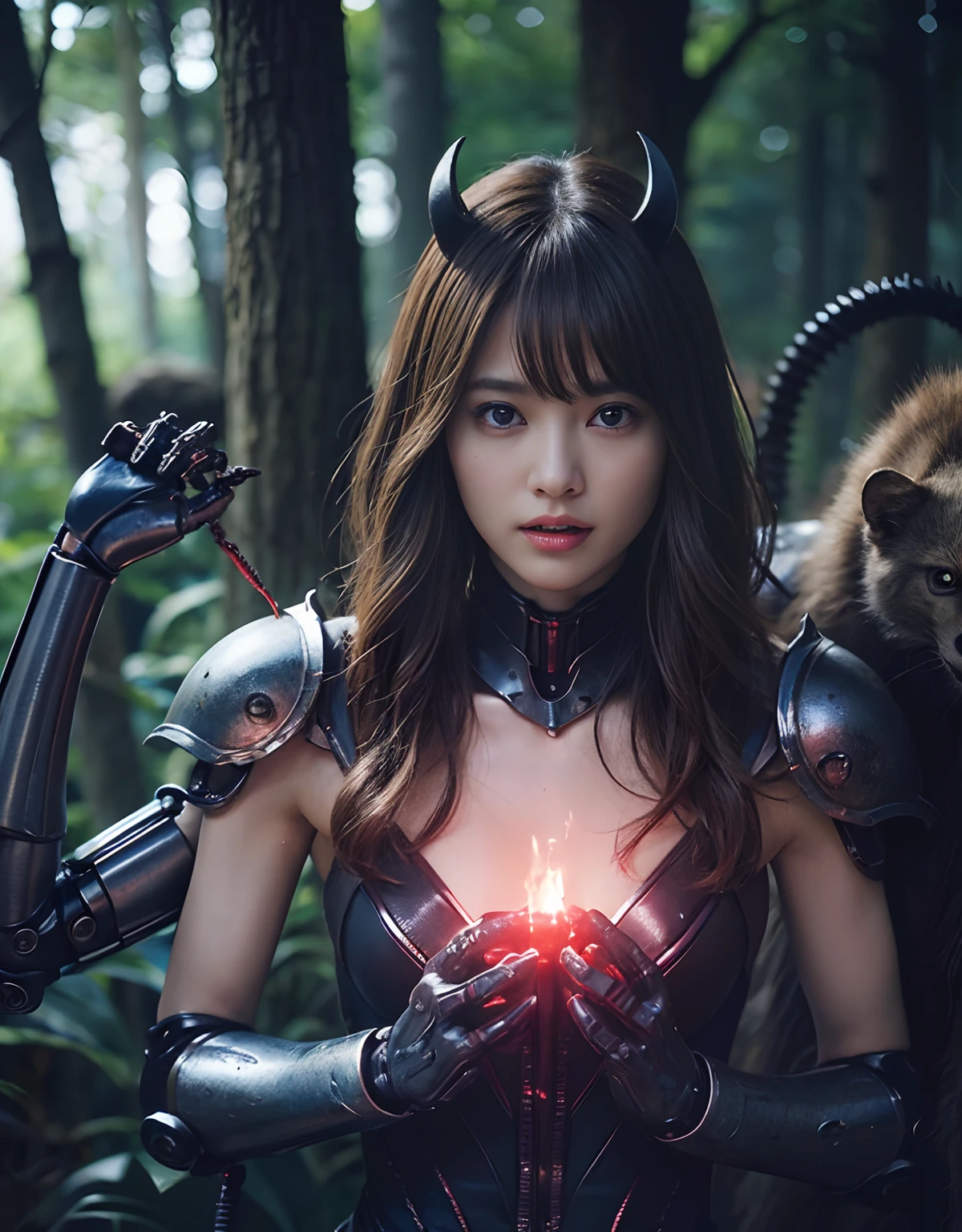 (1 Mechanical Girl)、top-quality、masterpiece、超A high resolution、(Photorealsitic:1.4)、Raw photo、1人、Fight mutants、glowy skin、(((1 Mechanical Girl)))、With a beautiful knife、(Green Metal Bodysuit)、(Fight goblings、ogre、Fierce battle with orcs),(Fight fiercely against aliens)、Fight fiercely、(beautiful forest background)、(Fighting Demonic Beasts)、(Small LED)、((super realistic details))、portlate、(Strong giant demon beast background),globalillumination、Shadow、octan render、8K、ultrasharp、Colossal tits、Raw skin is exposed in cleavage、metals、Details of complex ornaments、Japan details、highly intricate detail、Realistic light、(Mystical expression),CGSoation Trends、Blue eyes、radiant eyes、Facing the camera、neon details、(Mechanical limbs)、(blood vessels connected to tubes)、Mechanical vertebrae attached to the back、mechanical cervical attaching to neck、(Wires and cables connecting to the head)、Gundam、Small LED、,Mechanical thighs、Toostock、(Hands are also made of machines)、(Attack of the Monster Beasts)、(Wounded in a deadly battle)、
