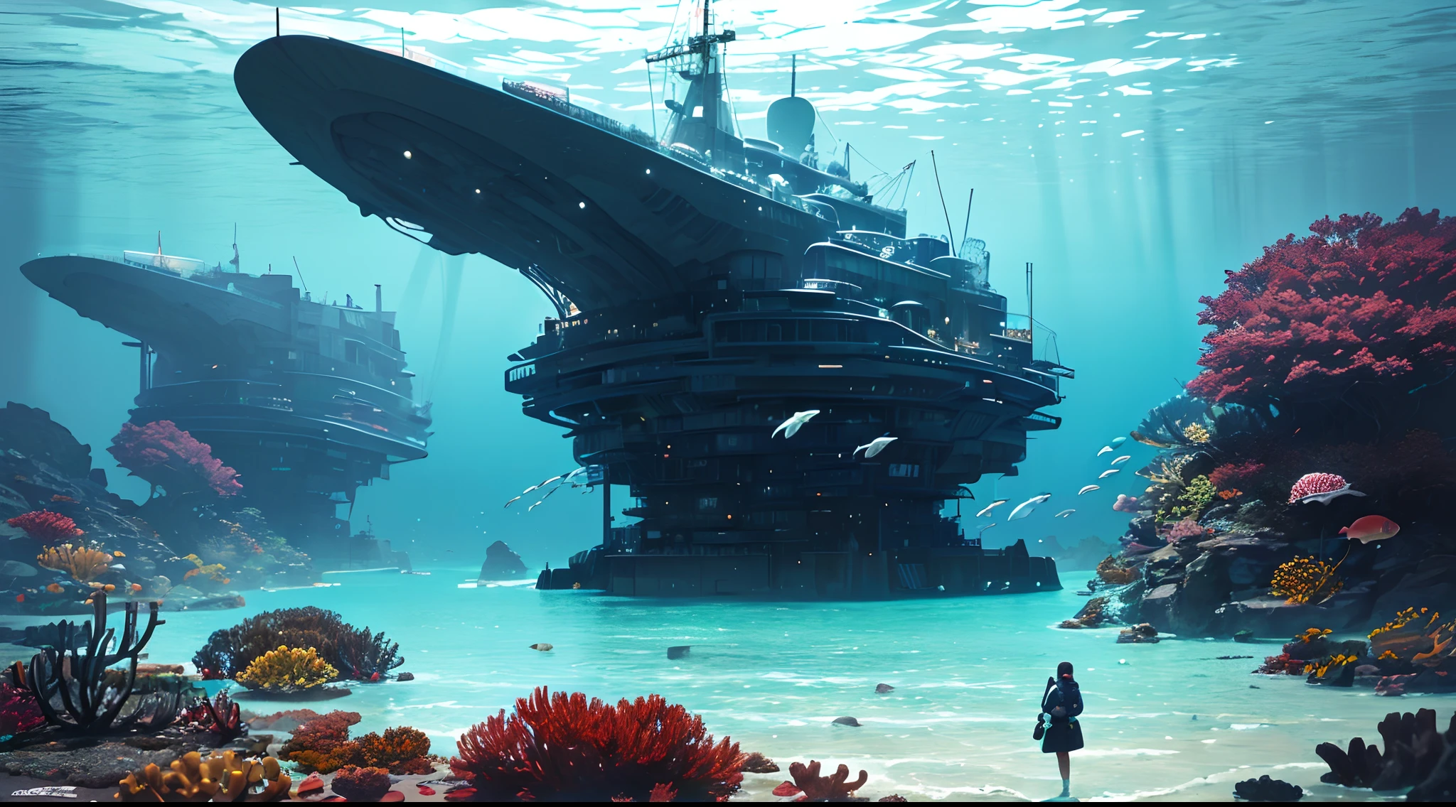 professional photo of Intricate giant scifi city under bubbles in the sea,(underwater，in the water,A highly intelligent future city underwater, with harmonious underwater landscapes around it:1.45),ultra detailed, realistic, unreal engine 5, photorealistic, wide-angle，deep sea,a girl,solo,Psychedelic Ocean Landscape,ocean wallpaper king tide and storm by jonathan c,in the style of realistic anamorphic art,dynamic and action-packed scenes,national geographic photo,tumblewave,energy-filled illustrations,apocalypse art,shot on 70mm,National geographic ocean photo,expolsion of colors,