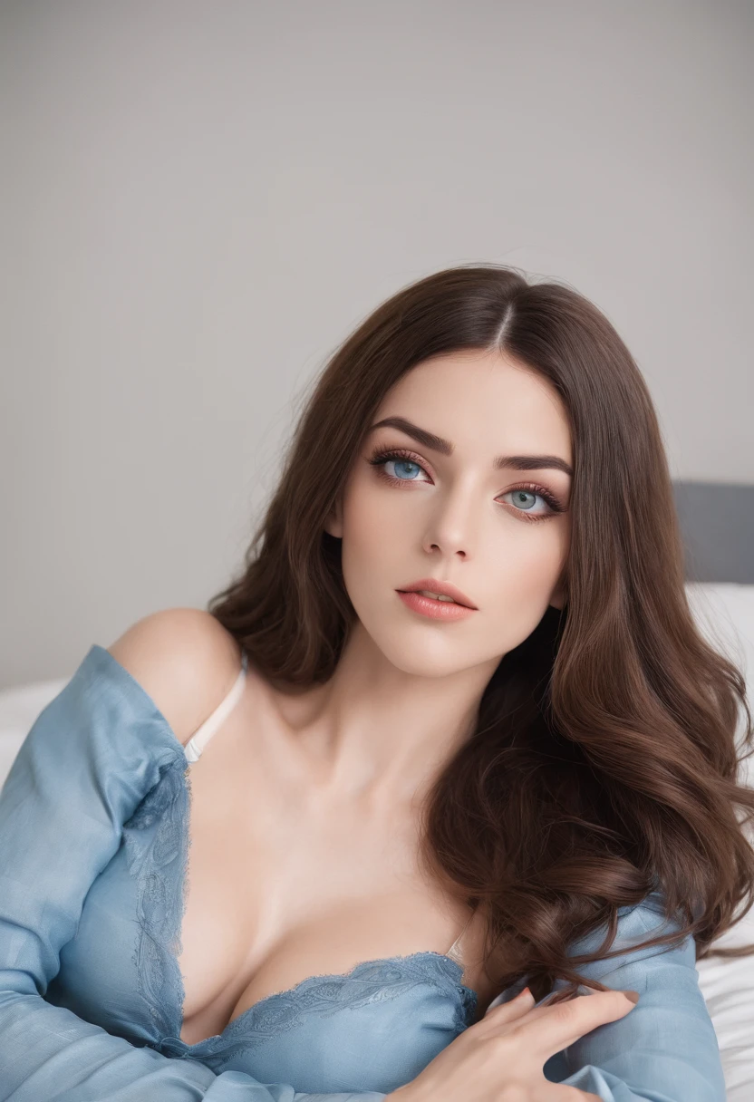 italian woman with g-string, sexy girl with blue eyes, lying on the bed with feet raised, brunette long hair, selfie of a young woman, beedroom background, without makeup, natural makeup, looking directly at the camera, face with artgram, subtle makeup, stunning full body shot, without brassiere