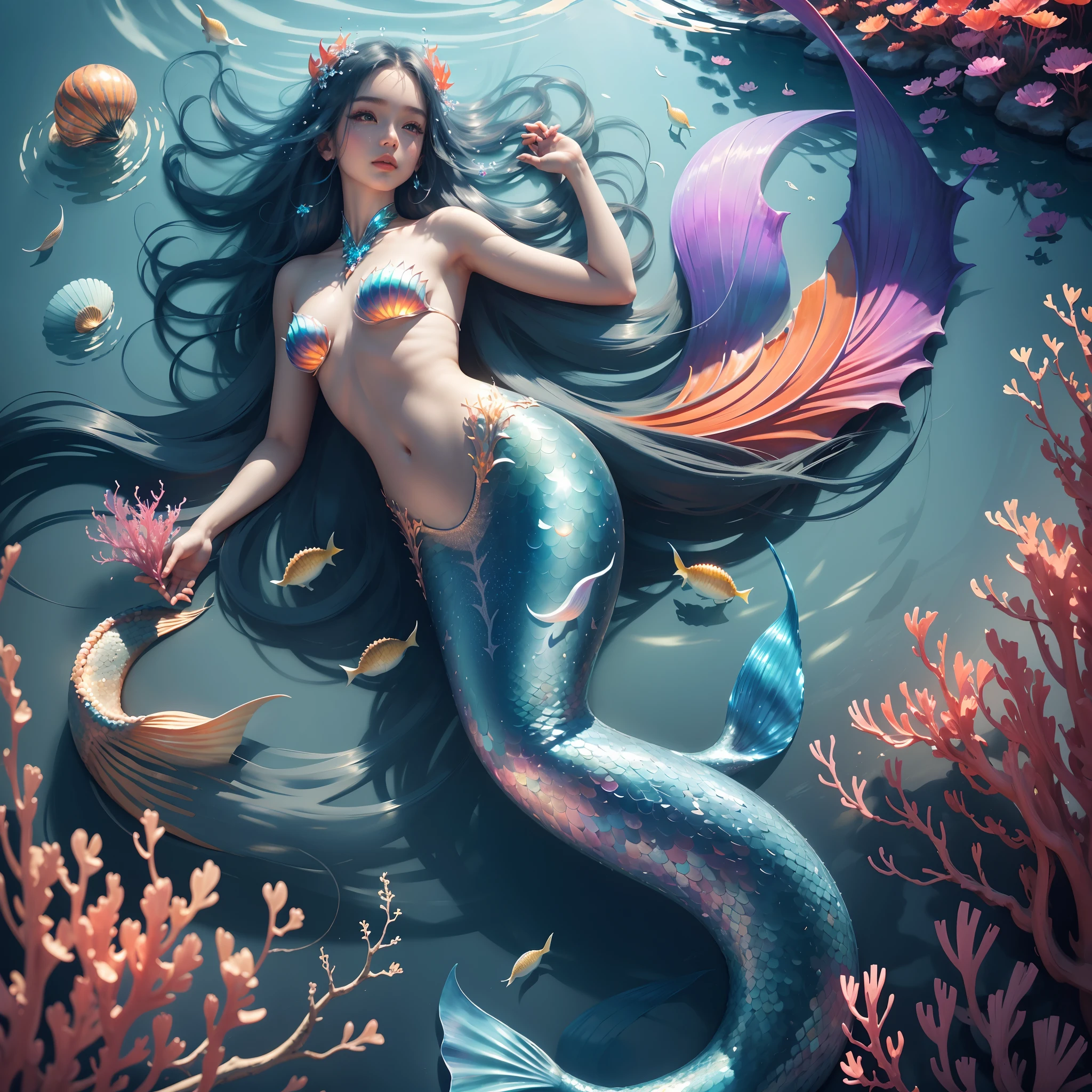 Best quality,A high resolution,Masterpiece:1.2,Vast seabed,(depth of fields),(A graceful mermaid),long and flowing hair,Ethereal beauty,peacful,tropical fishes,Floating jellyfish,Colorful coral reefs,Diverse marine life。Vibrant colors,dreamlike lighting.